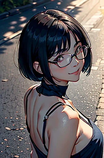 (masterpiece), (8k, best quality, high resolution), (ultra-detailed, realistic), (anatomically correct),  
((from above)), ((looking up)), 
((face image)), (Standing), (((looking back))), (No background),
(1woman),  ((looking at viewer)), (show your back), 
(A Japanese woman, 30 years old and 155cm tall.), 
((Wear a navy blue tunic camisole)), ((A camisole without decoration.)),  
(black hair), (straight hair), (short hair style), ((bob cut)), 
(wear glasses), (black square cell glasses), 
((smile broadly)), 
(Her impression is pure, clean and kind.),
