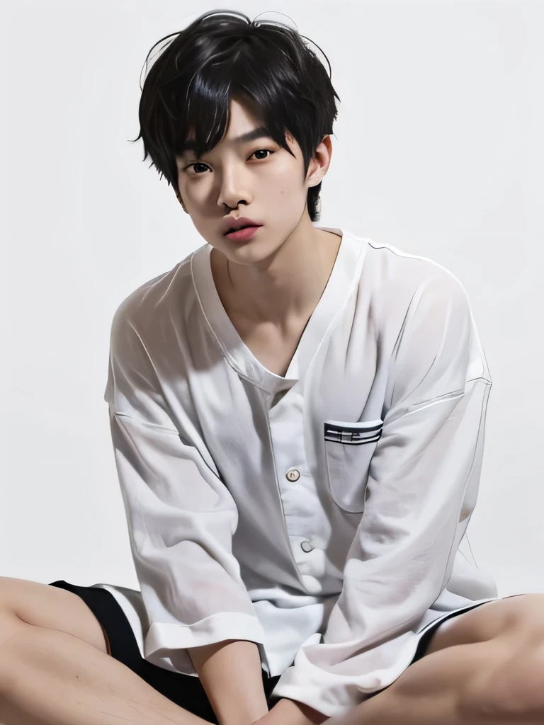 closeup of a cute 18 year old asian man boy with pale complexion and tousled black hair with a confused expression sticking out his tongue wearing short pajamas, sitting showing his feet on a totally white background