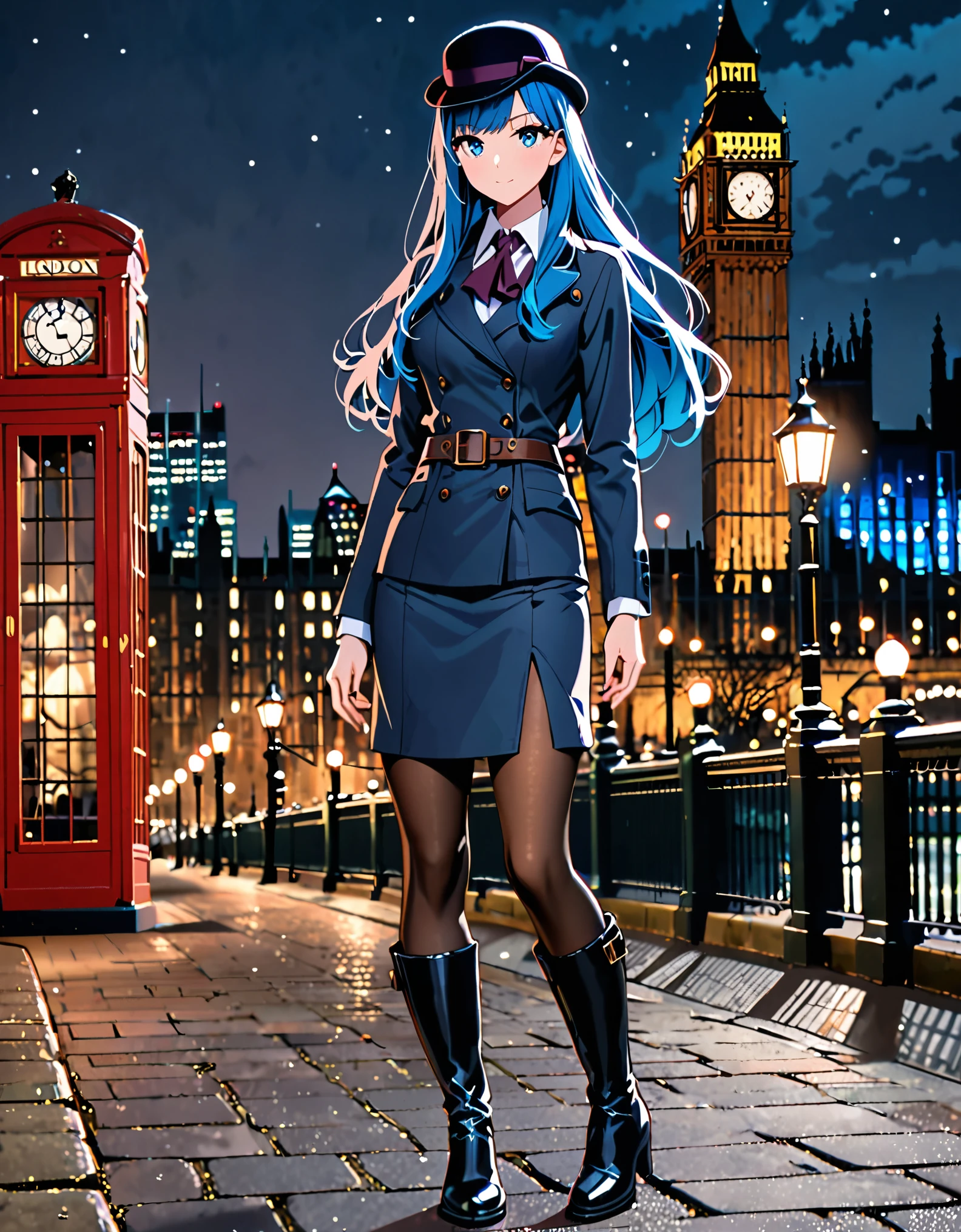 ((masterpiece)), ((high quality)), ((high res)), 1girl, blue_hair, blue eyes, beautiful detailed eyes, long hair, bangs, boots, hat, knee_boots, pantyhose, pencil_skirt, skirt, solo, sherlock holmes cosplay, london backdrop, night