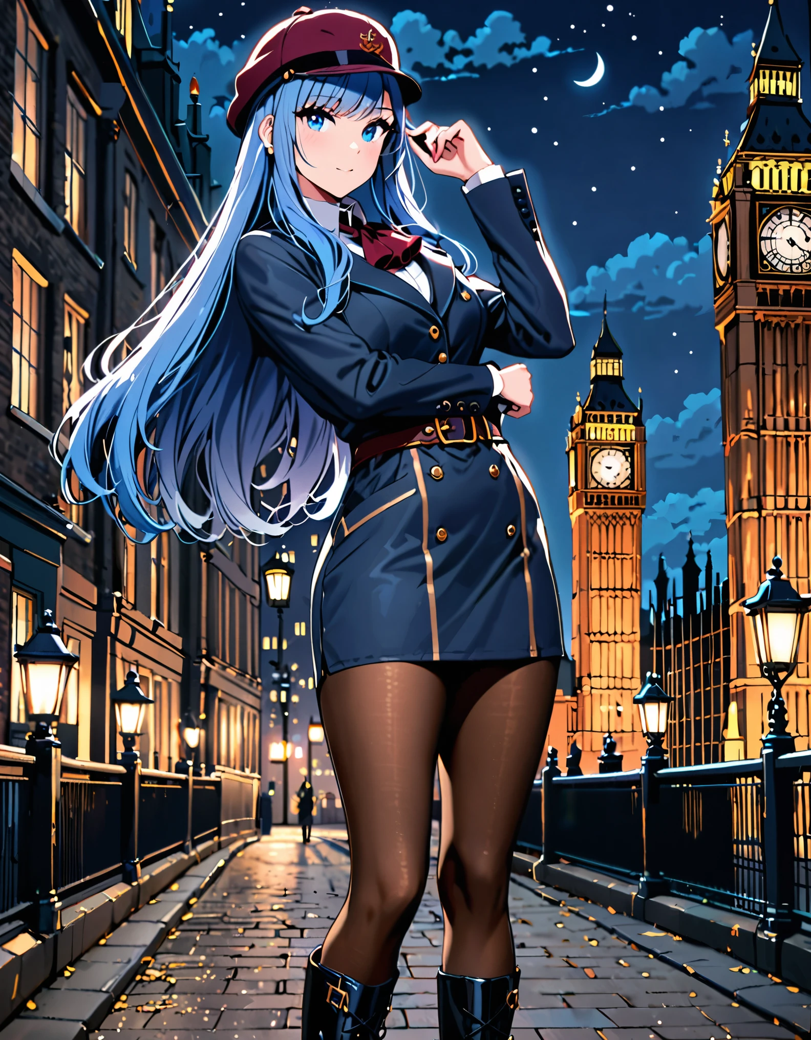 ((masterpiece)), ((high quality)), ((high res)), 1girl, blue_hair, blue eyes, beautiful detailed eyes, long hair, bangs, boots, hat, knee_boots, pantyhose, pencil_skirt, skirt, solo, sherlock holmes cosplay, london backdrop, night