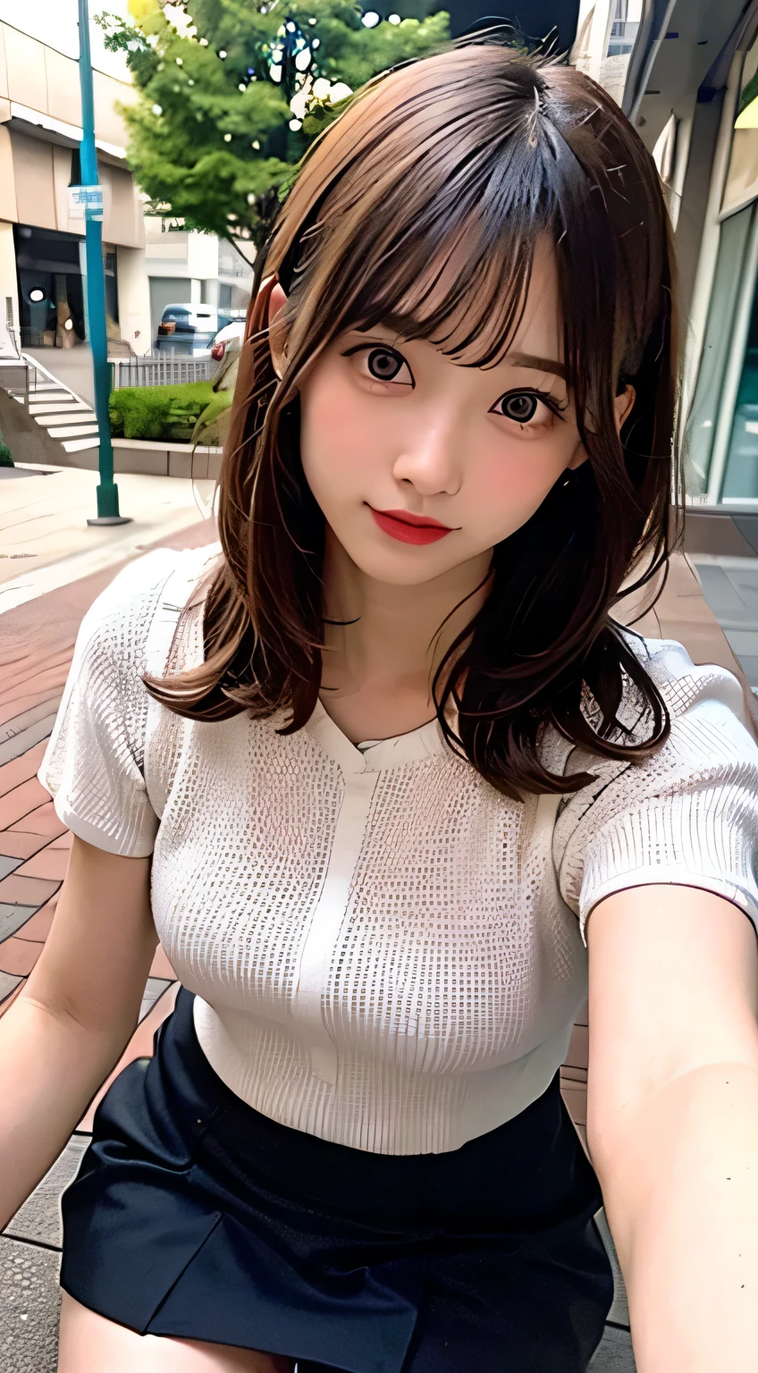 (8k, RAW Photos:1.2),Detailed face and eyes,最high quality, 超A high resolution, Very detailed ,Intricate details ,Tabletop ,pretty girl , Soft cinematic light, Hyper Detail,Sharp focus, high quality,Brown hair, Bobcut,  outside, mini skirt, panties, Peeking from below