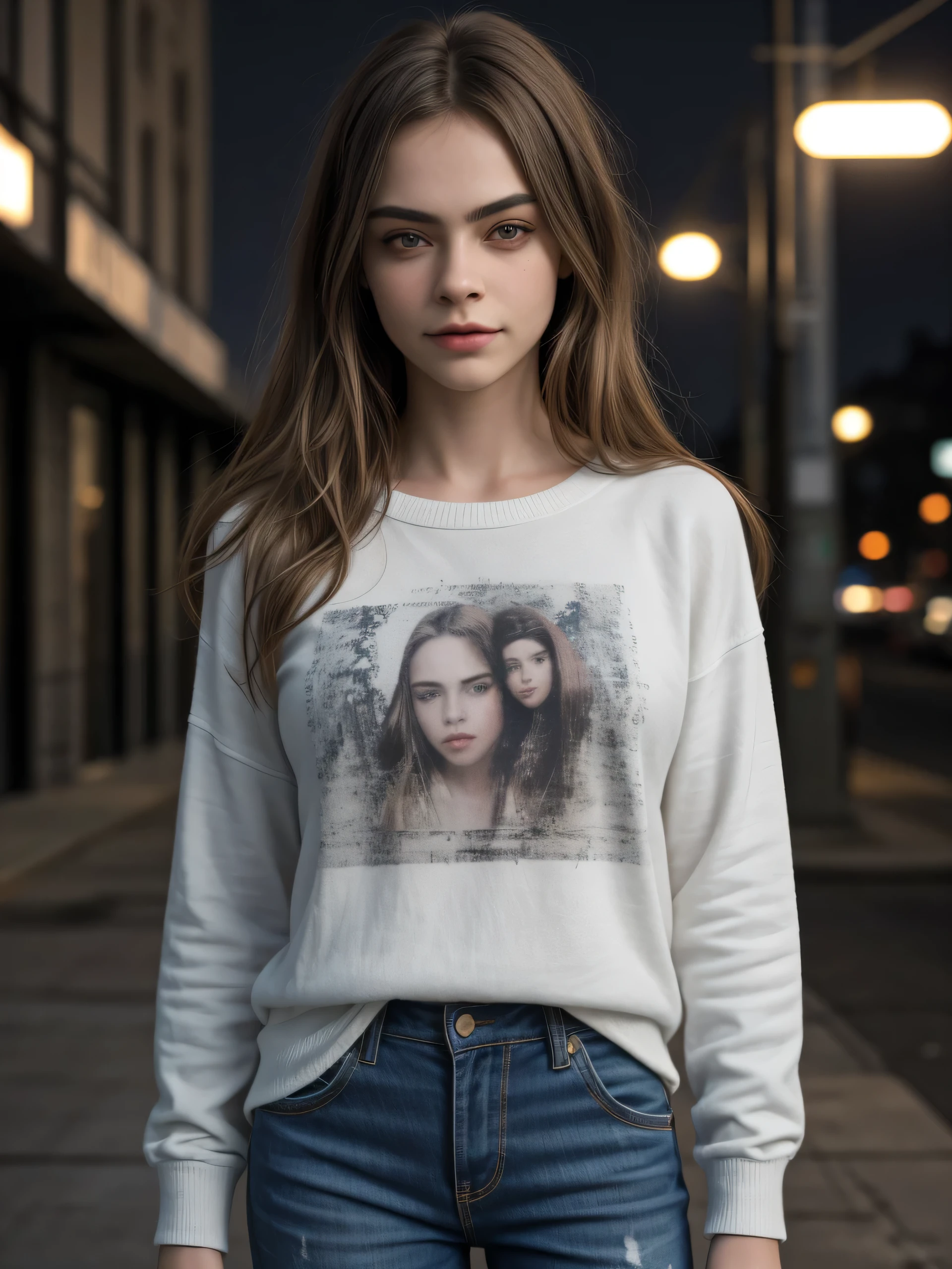 (Best quality, photorealistic, highres, reality, super realistic), Photo rendered by Unreal-engine 5.2, portrait of a beautiful young girl who looking alike Cara Delevingne, wearing oversized printed long-sleeve knitting shirt and distressed rip pants, delicate face, happy grin, (at night, resident zone), sidewalk, lights.