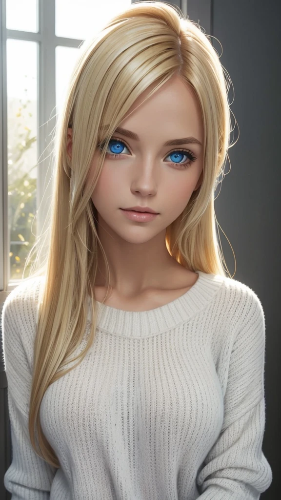Image of a beautiful woman with blue eyes and blonde hair wearing a white sweater. She is looking at the camera and there is a light shining on her.d3 fondo un muro con rajaduras