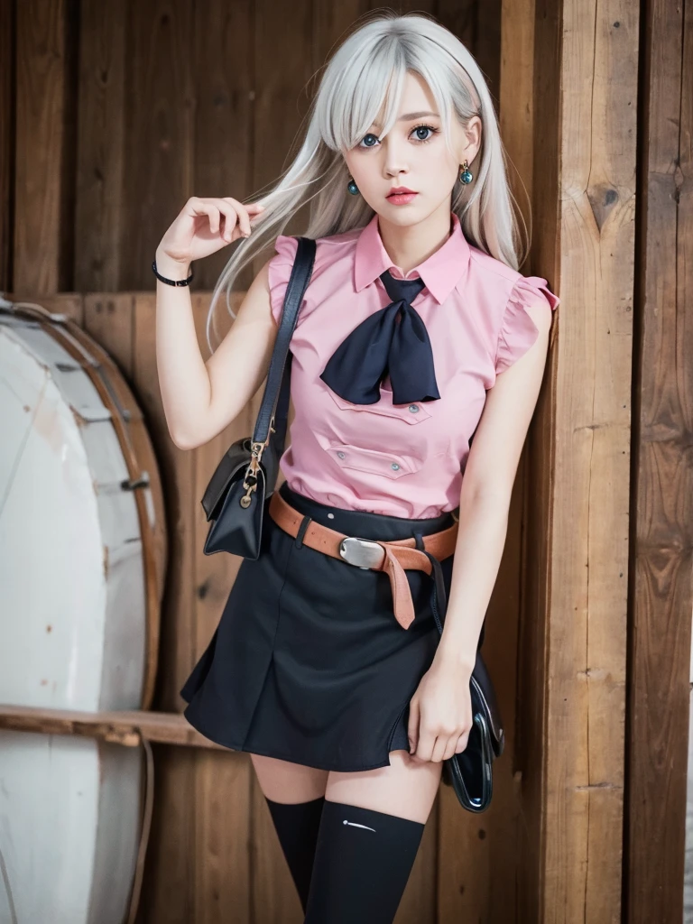 Khmeliza, 1girl in, Hair above one eye、White hair、long、Jewelry, single thighhigh, Midriff, Black skirt, Asymmetrical legwear, ((PINK SHIRT)), black thighhighs, Belt bag, Miniskirt