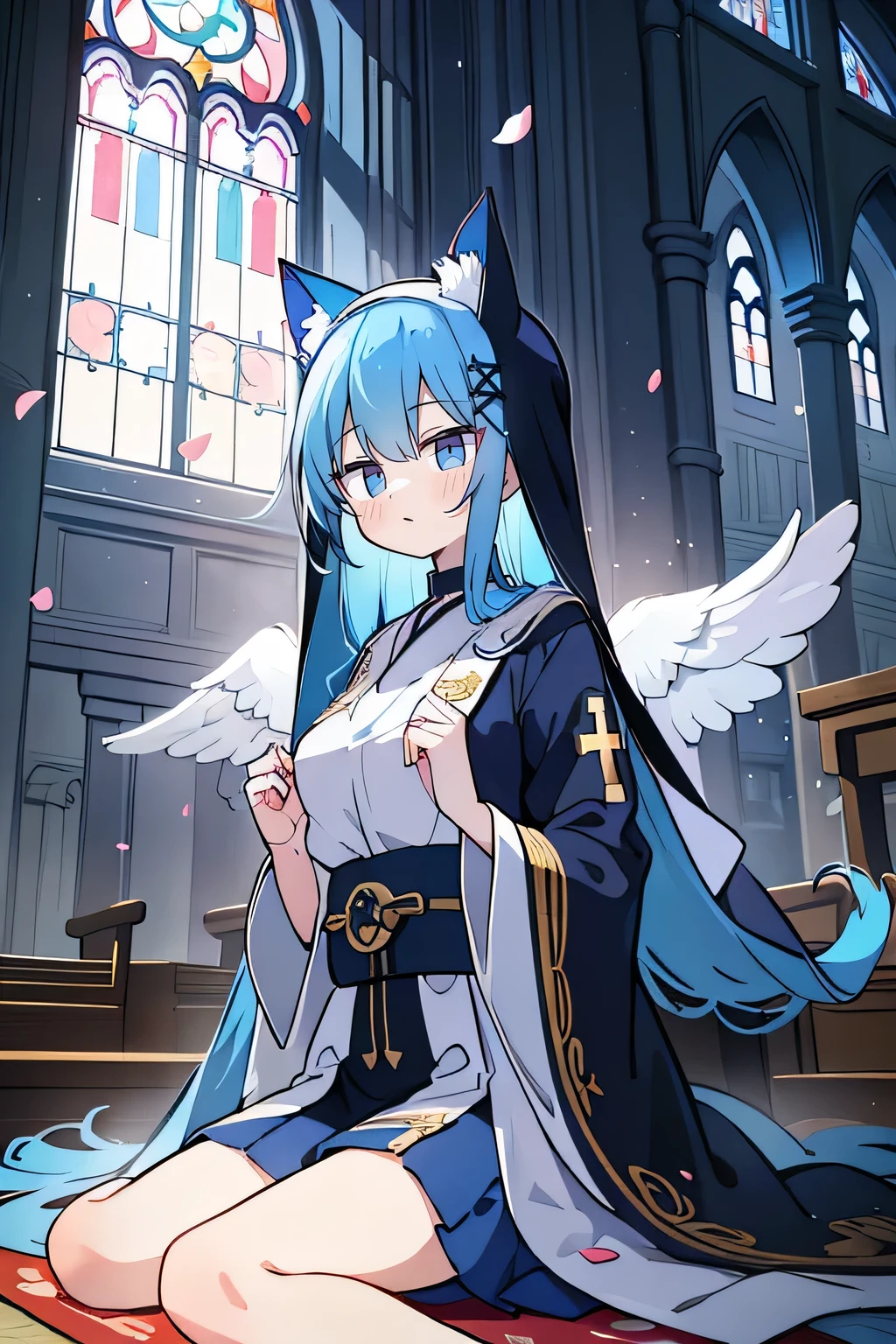 (masterpiece:1.2),Extremely detailed,Practical,expressive eyes,Fair skin,Perfect face shaping,1 Girl,
Japanese cartoons,Gorgeous blue hair, the long flowing blue hair,Floating clothes,Cat ears,Petals fall,beautiful lola,Young Angel,
Place your hands on your waist,sit elegantly on the ground,Cross your legs,Gentle and peaceful background,church,Nun's Clothes,back view,lie on the water.