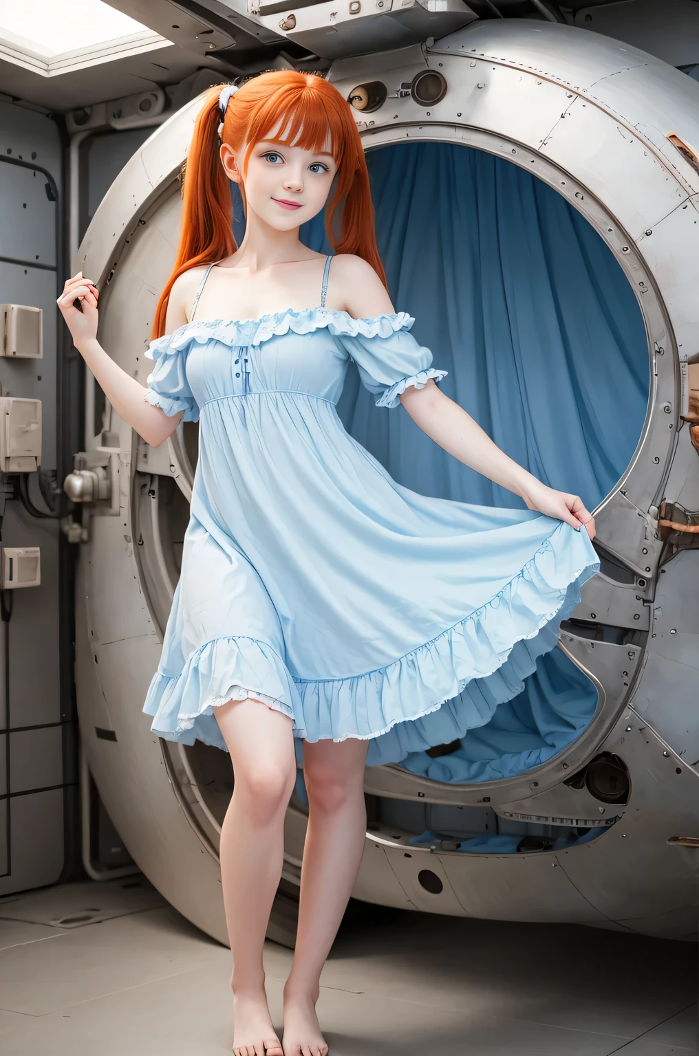 cute redhead 18-year-old woman, happy, in twin tails, perfect blue eyes, perfect dainty hands, pale goth skin, wearing a pastel blue nightgown, frilly nightgown, standing on a space ship.