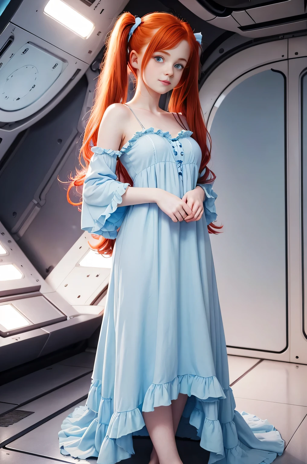 cute redhead 18-year-old woman, happy, in twin tails, perfect blue eyes, perfect dainty hands, pale goth skin, wearing a pastel blue nightgown, frilly nightgown, standing on a space ship.