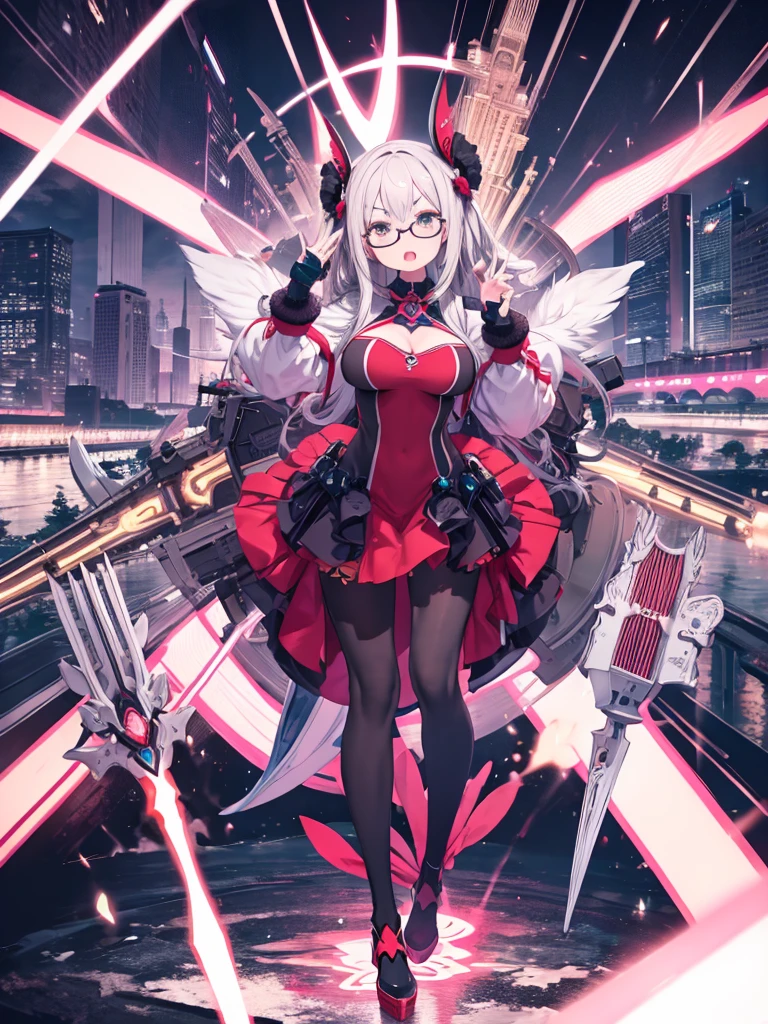 masterpiece、highest quality、High resolution、Very detailed、Girl、Big Breasts、Glasses、Transforming Hero、pose、V-shaped eyebrows、Open your mouth、Transformation pose、