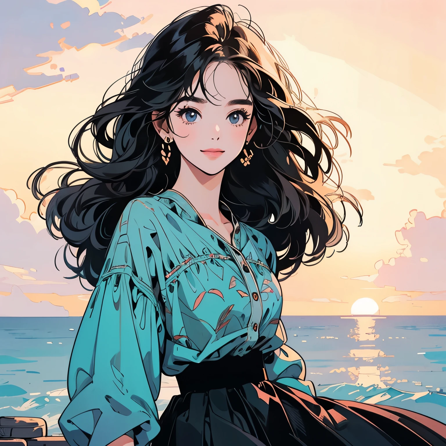 whole body、Kind Face、1 pretty woman、4k、Pattern、blouse、skirt、Sunset、cloud、coastal、Skyscrapers in the distance、Complex background、Detailed Hair、smile、Faint lighting、Black Hair