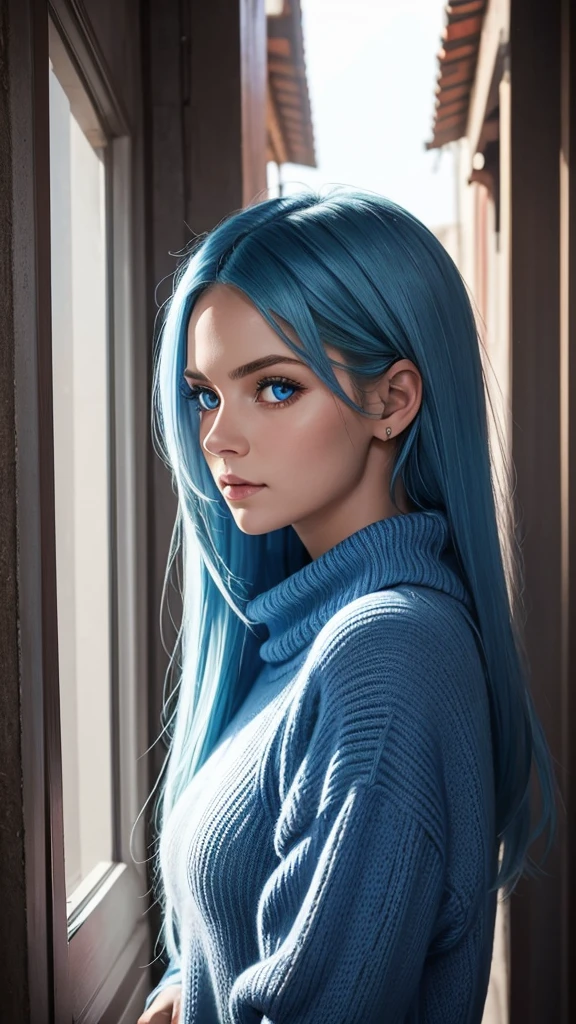 Image a beautiful woman with blue eyes and jet blue hair wearing a red sweater or. She is looking at the camera and there is a light shining on her.d3 fondo un muro con rajaduras