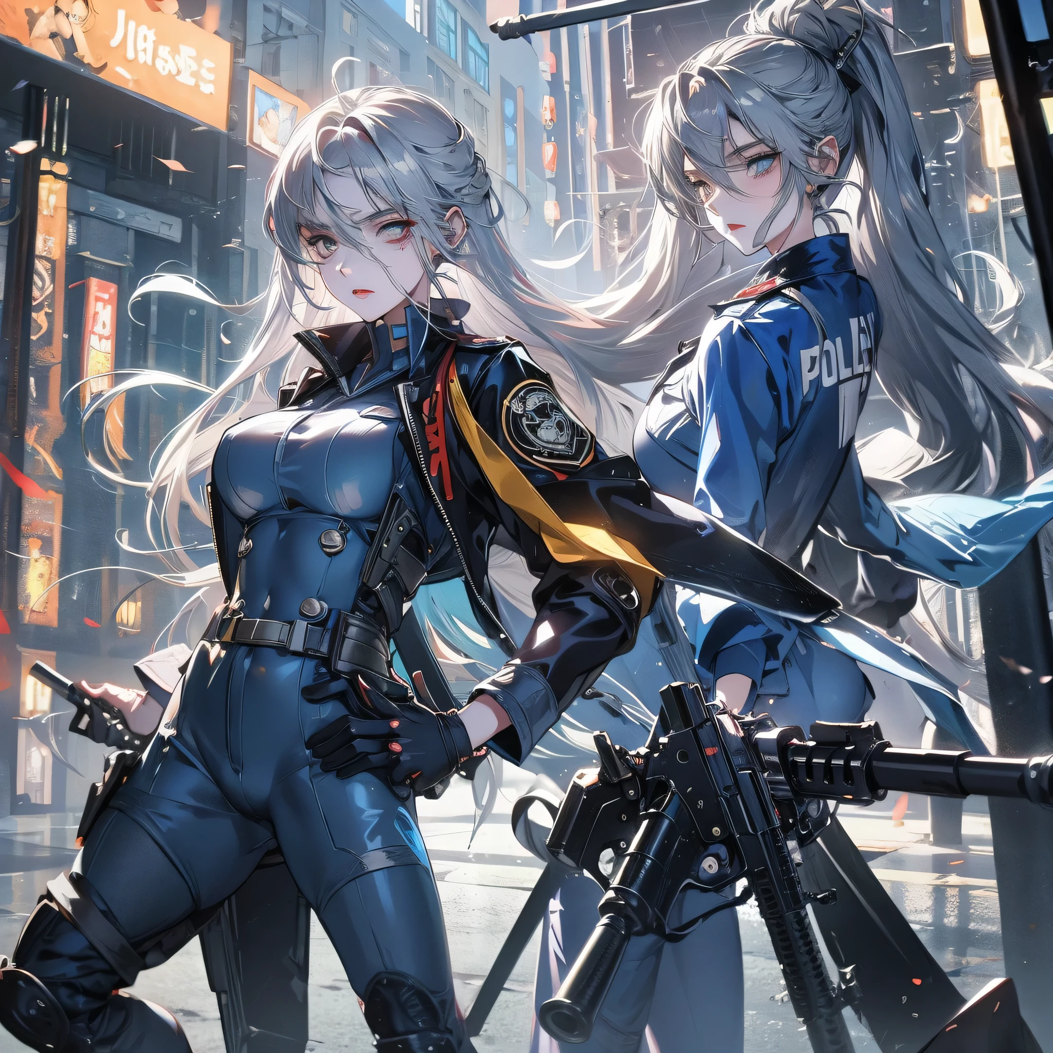 A big-breasted anime girl with long silver hair and wearing a police uniform is surrounded by zombies holding a rifle in both hands