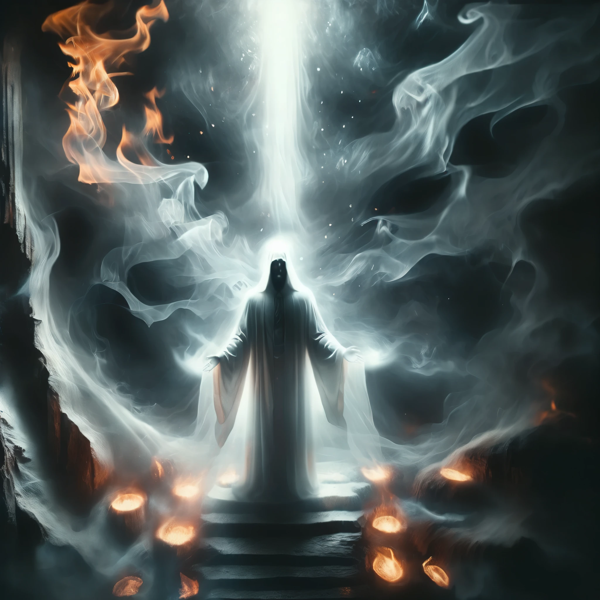 a painting of a man standing in front of a fire, heaven vs hell, entrance to a dark tunnel, nekro, white cloth, niel davis, beautiful image ever created, standing in front of the altar, full image, lord of regeneration, spine-chilling, one day, hellish!!!, pilgrimage, morality, worshipers