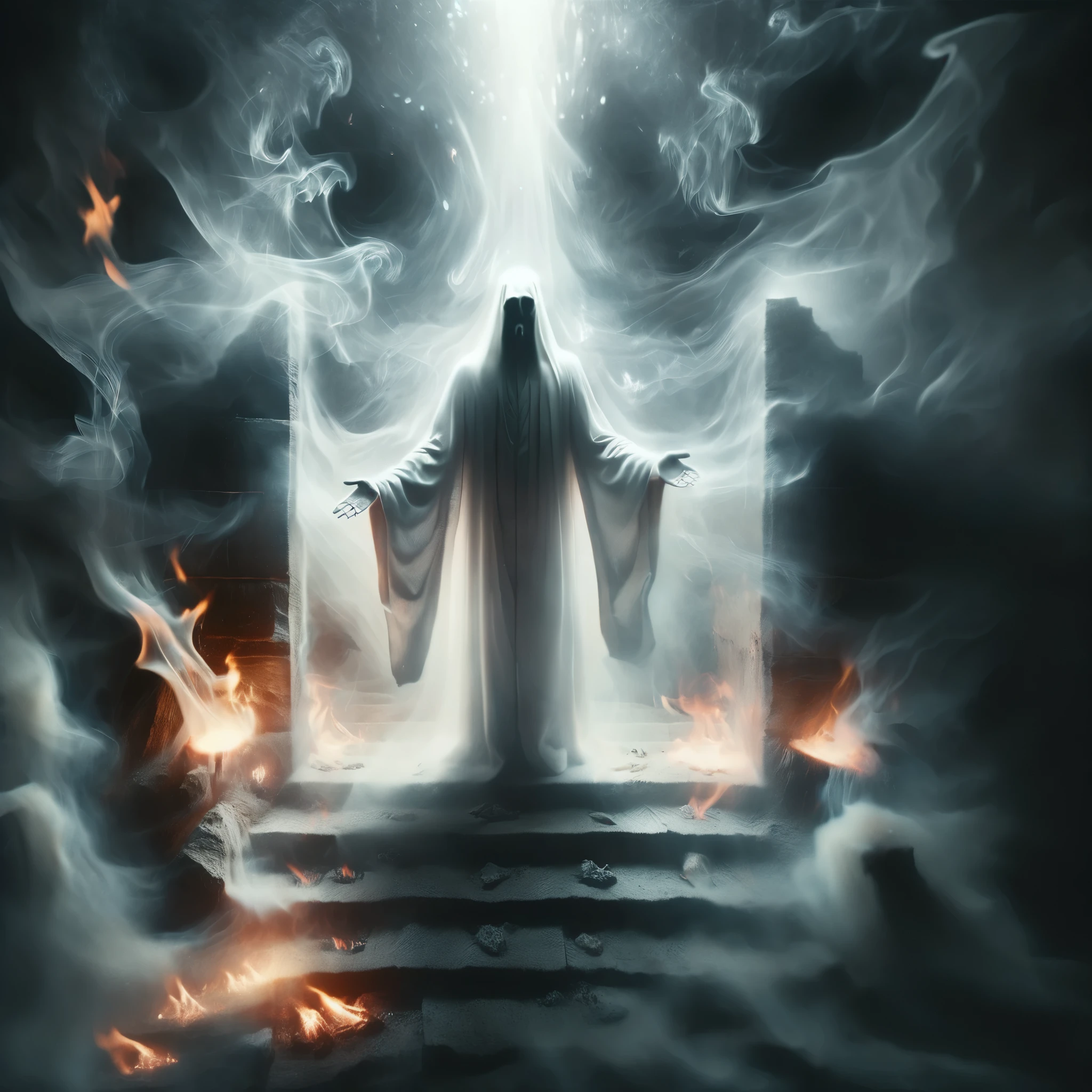 a painting of a man standing in front of a fire, heaven vs hell, entrance to a dark tunnel, nekro, white cloth, niel davis, beautiful image ever created, standing in front of the altar, full image, lord of regeneration, spine-chilling, one day, hellish!!!, pilgrimage, morality, worshipers