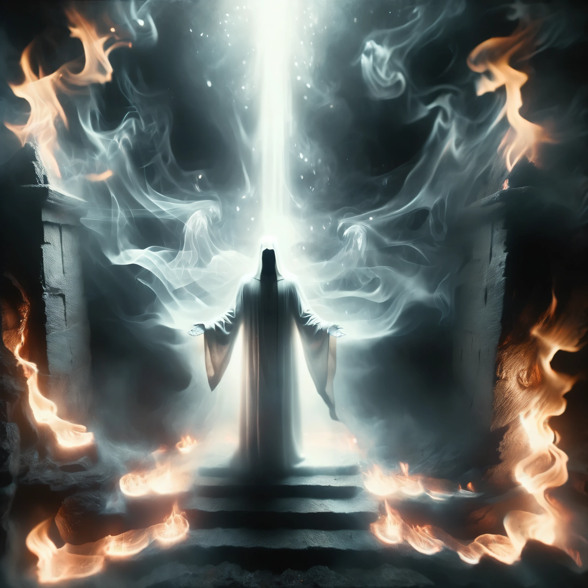 a painting of a man standing in front of a fire, heaven vs hell, entrance to a dark tunnel, nekro, white cloth, niel davis, beautiful image ever created, standing in front of the altar, full image, lord of regeneration, spine-chilling, one day, hellish!!!, pilgrimage, morality, worshipers