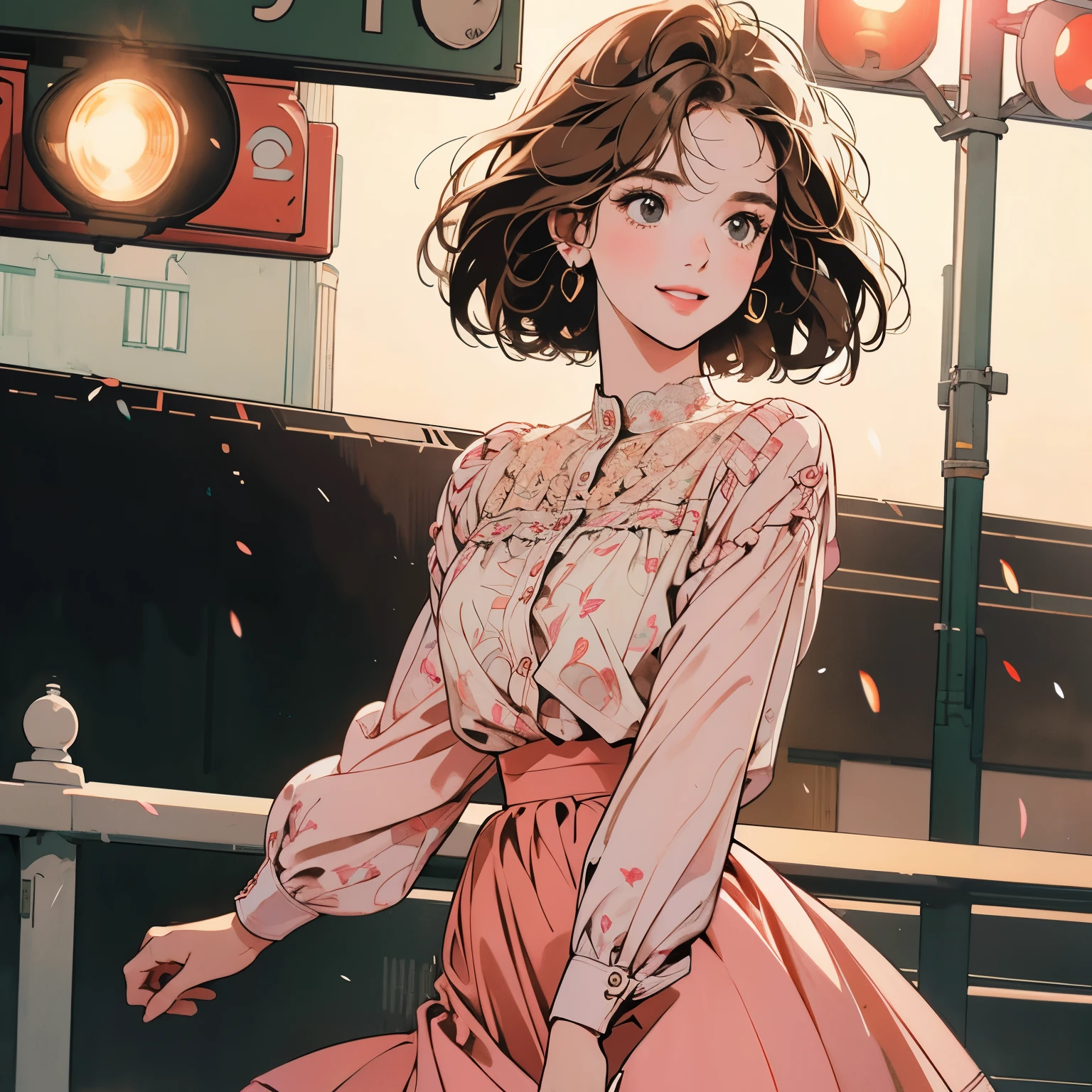 whole body、Kind Face、1 pretty woman、4k、Pattern、blouse、skirt、pedestrian crossing、Signal 、intersection、Complex background、Detailed Hair、smile、Light brown hair、Faint lighting、Short Hair