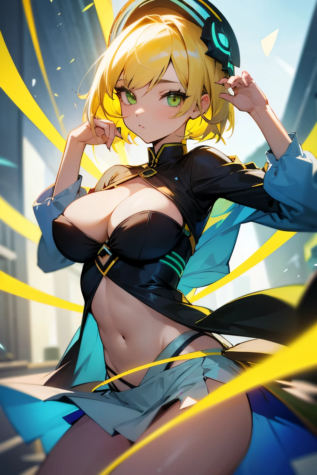 Girl, short yellow hair, green eyes, blue ring on her head, , exposed stomach, short skirt, beautiful decorations