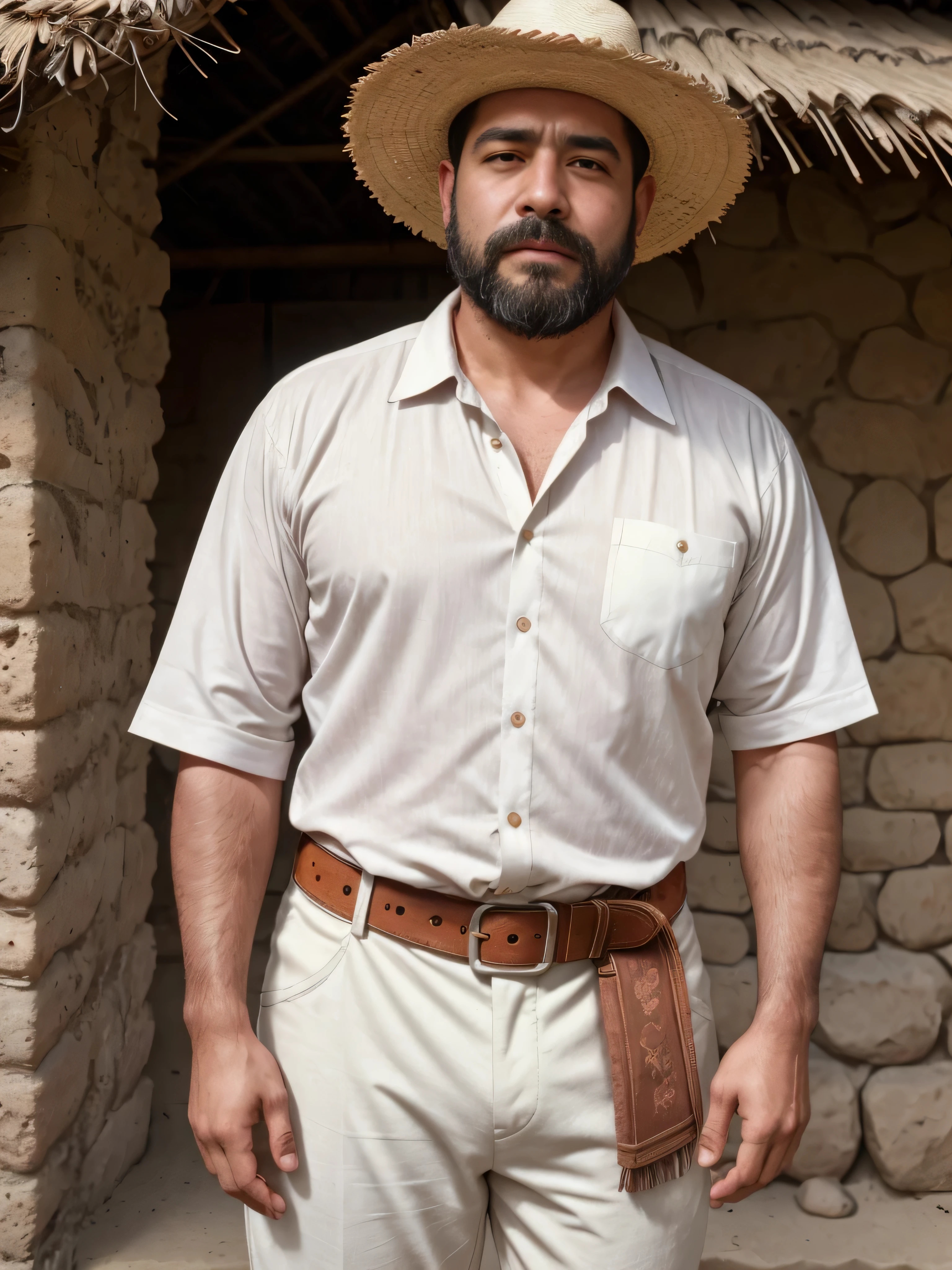 a 38-year-old man with brown skin and a beard, wearing a white manta shirt without buttons, dirty white manta pants, strap huaraches, sombrero, no belt, medium shot, upper body, rural area in 1910 Mexico, stone houses, jacales with thatched roofs, extremely detailed, photorealistic, 8k, high quality, cinematic lighting, warm color tone