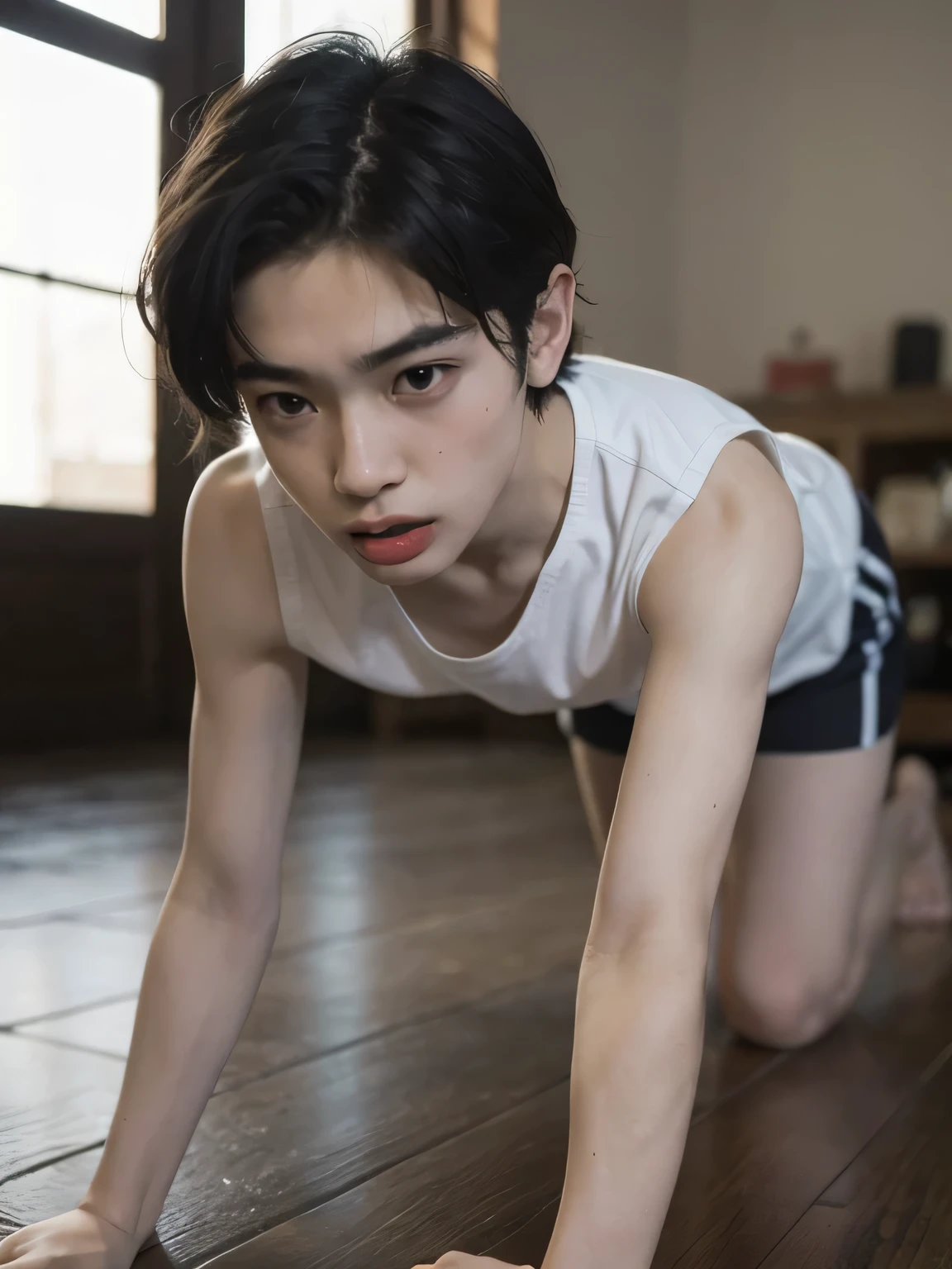 An 18-year-old boy, pale complexion and skinny body, skinny boy, cute and well-built body without muscles, cuerpo largo y piernas largas, asian boy, sticking out his tongue and crouching on all fours with a confused expression, vistiendo un corto pijama, pelo negro oscuro al igual que sus ojos, sacando la lengua, tiene la lengua fuera