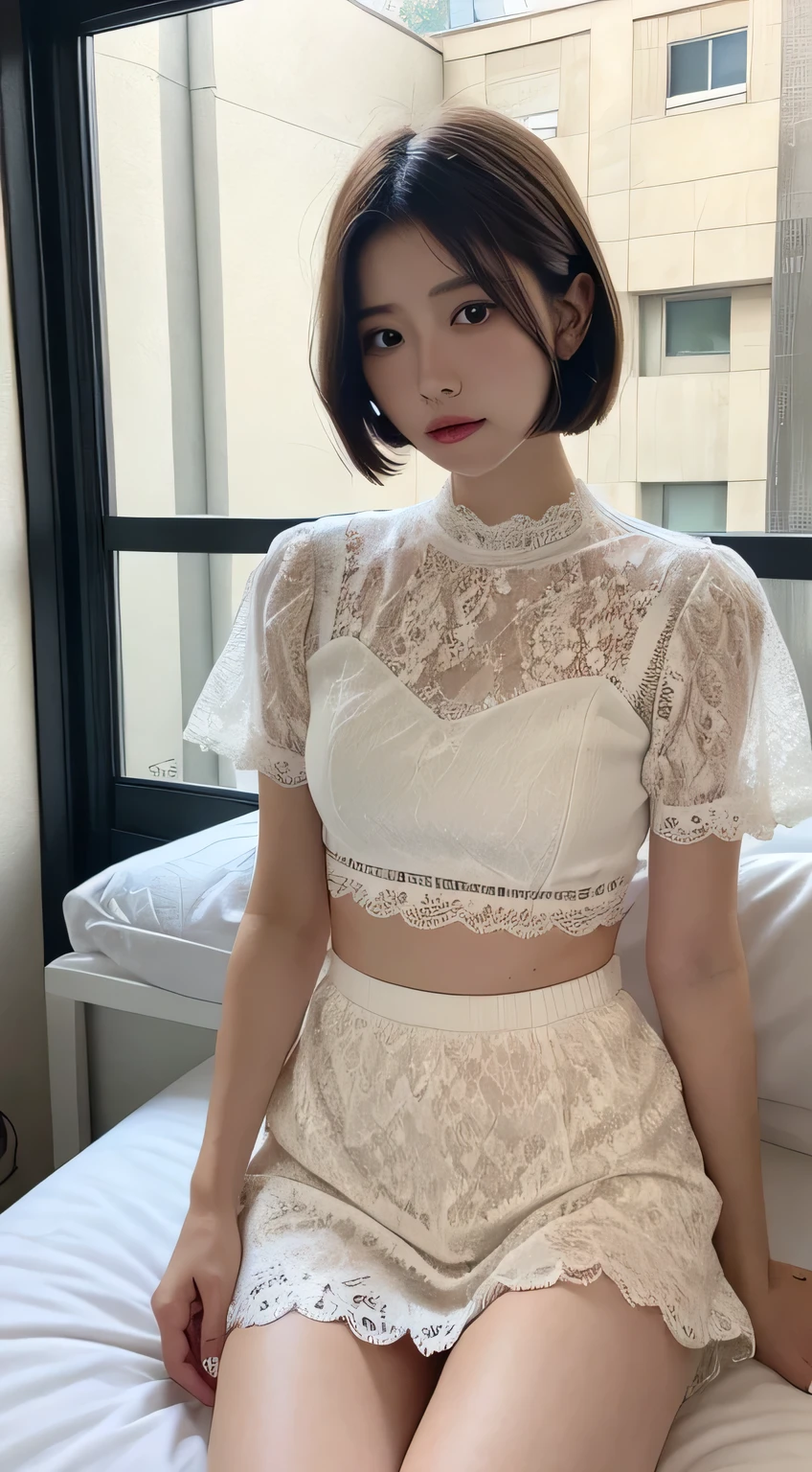 Lace Outfit、bed、sad、Short sleeve、Short Hair