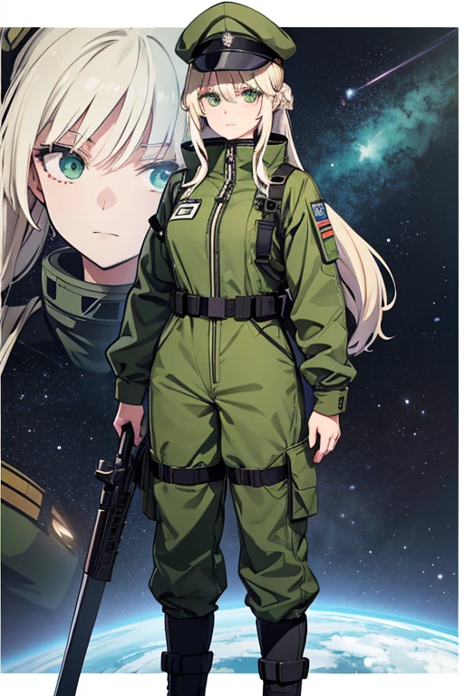 Anime drawings、Full body portrait、Space Sci-Fi Soldier、A female soldier around 48 years old, around 175cm tall, wearing a dark green military uniform, holding a beam sword、Long hair tied up in one hairstyle、Platinum Blonde Hair、Military bootilitary cap、Green Eyes
