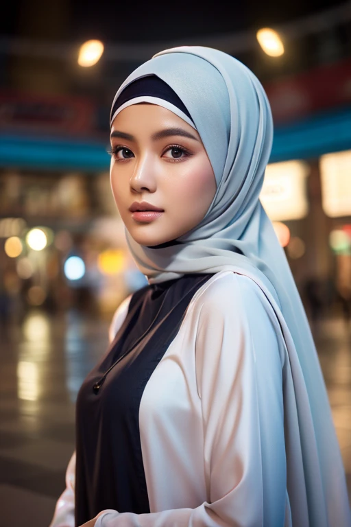 Realistic 3d painting. a 25 year old Indonesian woman. Wear Islamic clothing. white skinned, faint smile. Mall Plaza background. Use soft photography lighting with hair lights, edge lights and top lights. Photos with very high detail.