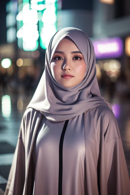 Realistic 3d painting. a 25 year old Indonesian woman. Wear Islamic clothing. white skinned, faint smile. Mall Plaza background. Use soft photography lighting with hair lights, edge lights and top lights. Photos with very high detail.