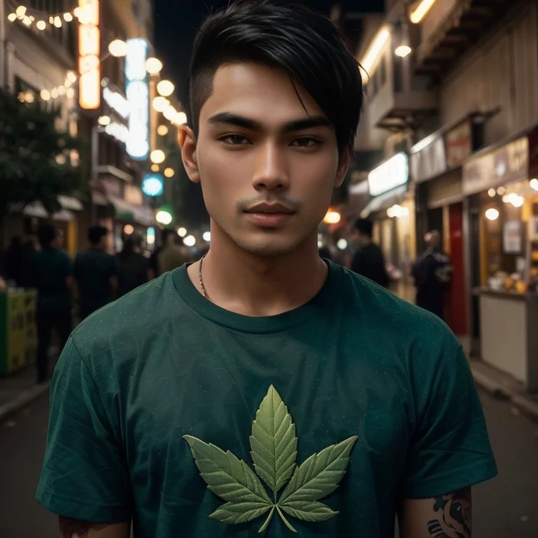 The man Aarav wore a green shirt and had a leaf on his chest., Wear a marijuana shirt, Andrew Thomas Wang, Damian Tran, David Luong, Portrait in the middle of a shot, Asian man, Love Michael, JC Park, pot leaves, Damien Krizwonos, weed, Portrait of Jughead Jones, Alex Miranda, High Roller Jody, cannabis photography,)Warm light, 