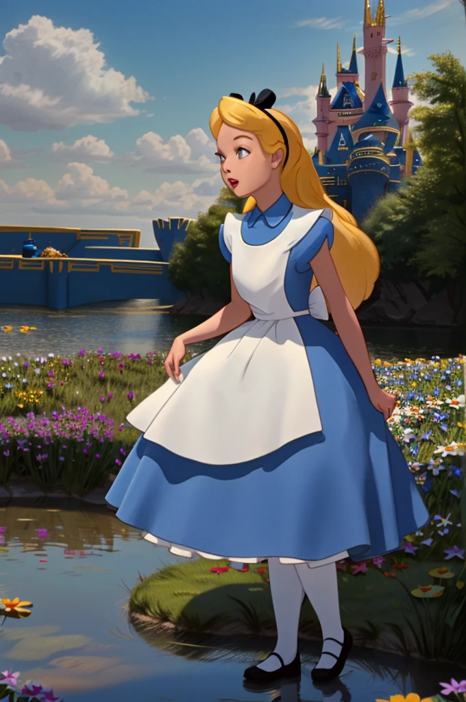 (masterpiece), (best quality), (extremely detailed), alice liddell, blue dress, white apron, black hairband, white long socks, cute pose, in a flower garden, (pond), (((disney castle at the background))), (blue sky), (sunny day), 3d. Illustration, Good Highlights, Perfect Proportions, dynamic, Professional, Award winning, (high detailed skin), (high detailed face), photorealistic, HDR, ultra highres, absurdres,
