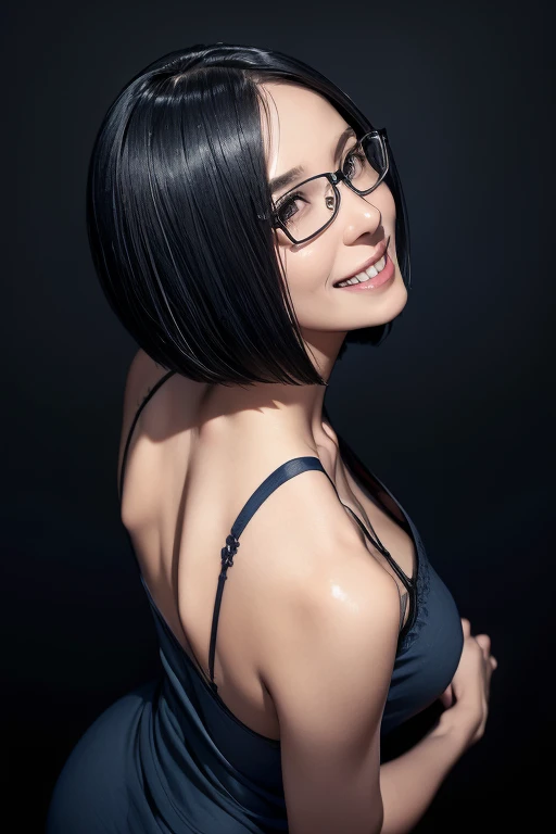(masterpiece), (8k, best quality, high resolution), (ultra-detailed, realistic), (anatomically correct),
((from above)), ((looking up)),
((face image)), (Standing), (((looking back))), (No background),
(1woman), ((looking at viewer)), (show your back),
(A Japanese woman, 30 years old and 155cm tall.),
((Wear a navy blue tunic camisole)), ((A camisole without decoration.)),
(black hair), (straight hair), (short hair style), ((bob cut)),
(wear glasses), (black square cell glasses),
((smile broadly)),
(Her impression is pure, clean and kind.),