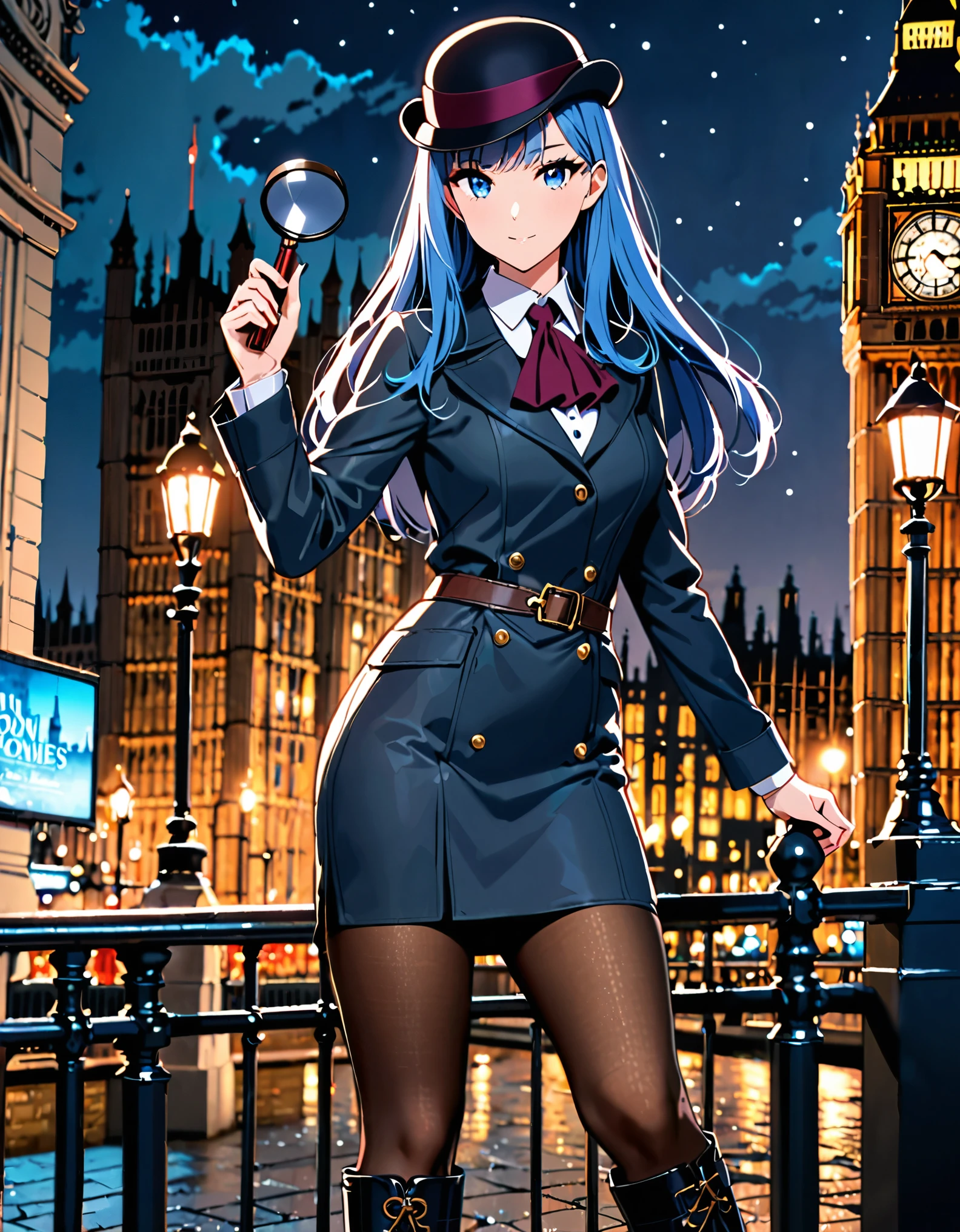 ((masterpiece)), ((high quality)), ((high res)), solo, solo focus,1girl, blue_hair, blue eyes, beautiful detailed eyes, long hair, bangs, boots, hat, knee_boots, pantyhose, pencil_skirt, skirt, solo, sherlock holmes cosplay, (holding magnifying glass), london backdrop, night