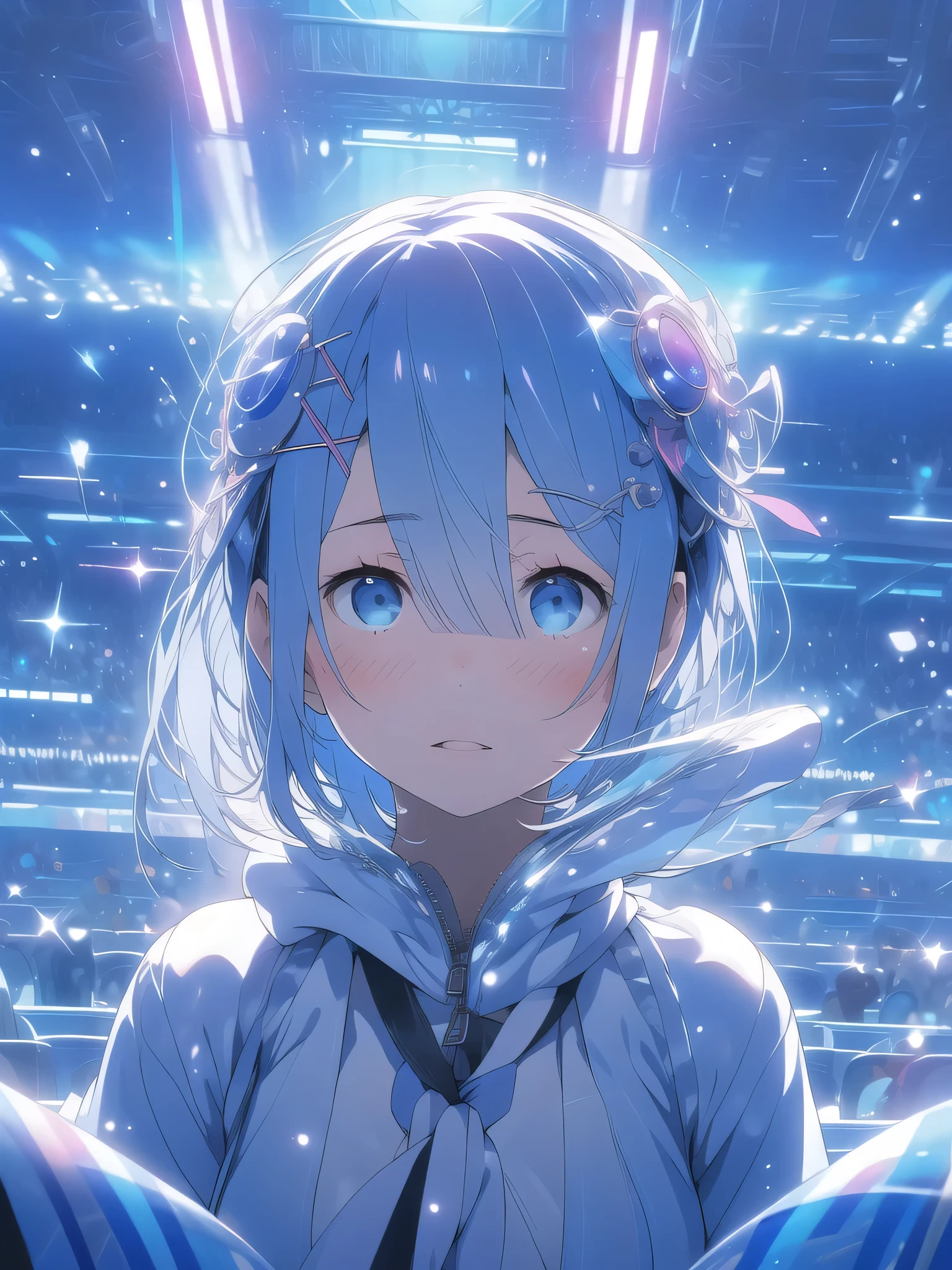 Glaring,Stardust、universe、1 girl(1:2)、Age 25、universe、masterpiece, highest quality, (delicate eyes and face), Volumetric Light, Ray Tracing, Very detailed CG Unity 8k wallpaper, , Hair above one eye, Light blue hair between the eyes、short hair、Light blue hair(1:2)、Looking at the audience, Seductive pose,Beautiful crystal eyes(1:1)、Show your eyes、grin and laugh、The art style resembles an attractive anime style. About image quality, priority (highest quality, 4K, 8k, High resolution, Bodyline 1.2), Very detailed, and (Realistic, Realistic, Realistic:1.37) ,Yoga poses.Ultra-fine painting, Sharp focus, Physically Based Rendering, Extremely detailed, Professional, Bright colors,、White shirt with a little sheer feel、Plump thighs、、phblue
scenery
blue theme