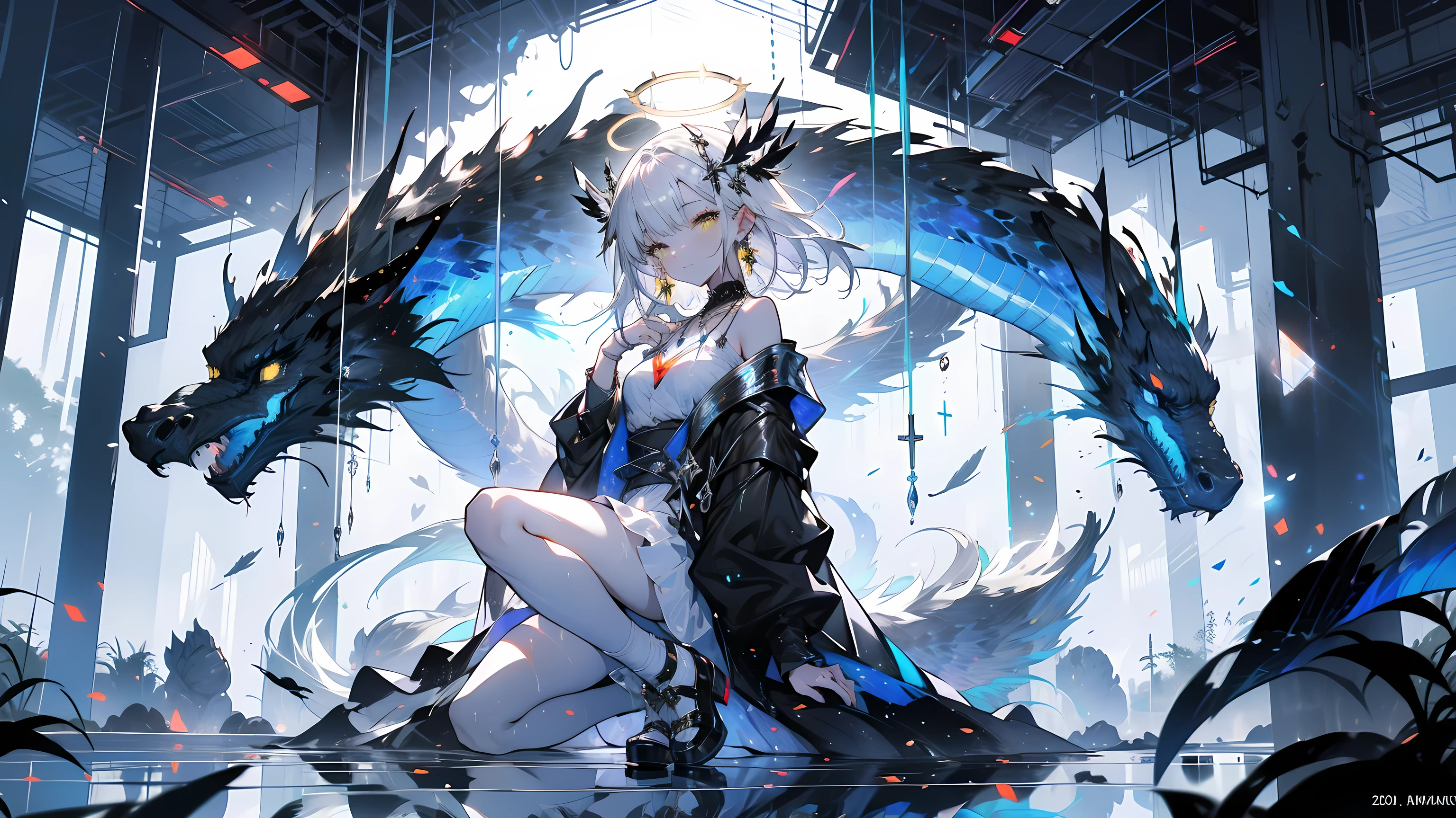 (((tmasterpiece))), (((Best quality at best)))),(Sit on your knees), (Kneeling and sitting on white glass surface), offcial art, extremely detaild的 CG unified 8k wallpapers, ((sketching))), natta, Sateen, beautiful detailed sky, Beautiful and delicate water, GameCG, hugefilesize, sketching, solo, girl,Angelic, Long gray hair, White hair, Wet hair, hair between eye, Hair behind the ears, Carefree eyes and white eyelashes, yellow eyes, half closed eye, footwear, The halo, cross necklace, looking-down,blown hair, Feather ornament, leaf hair accessories, at a forest, lakeside, ((flatchest))), (((Black robe))), long sleeve dynamo, white blindfold, elvish ears, Golden wings are more yellow,Phoenix Wings,divinelight