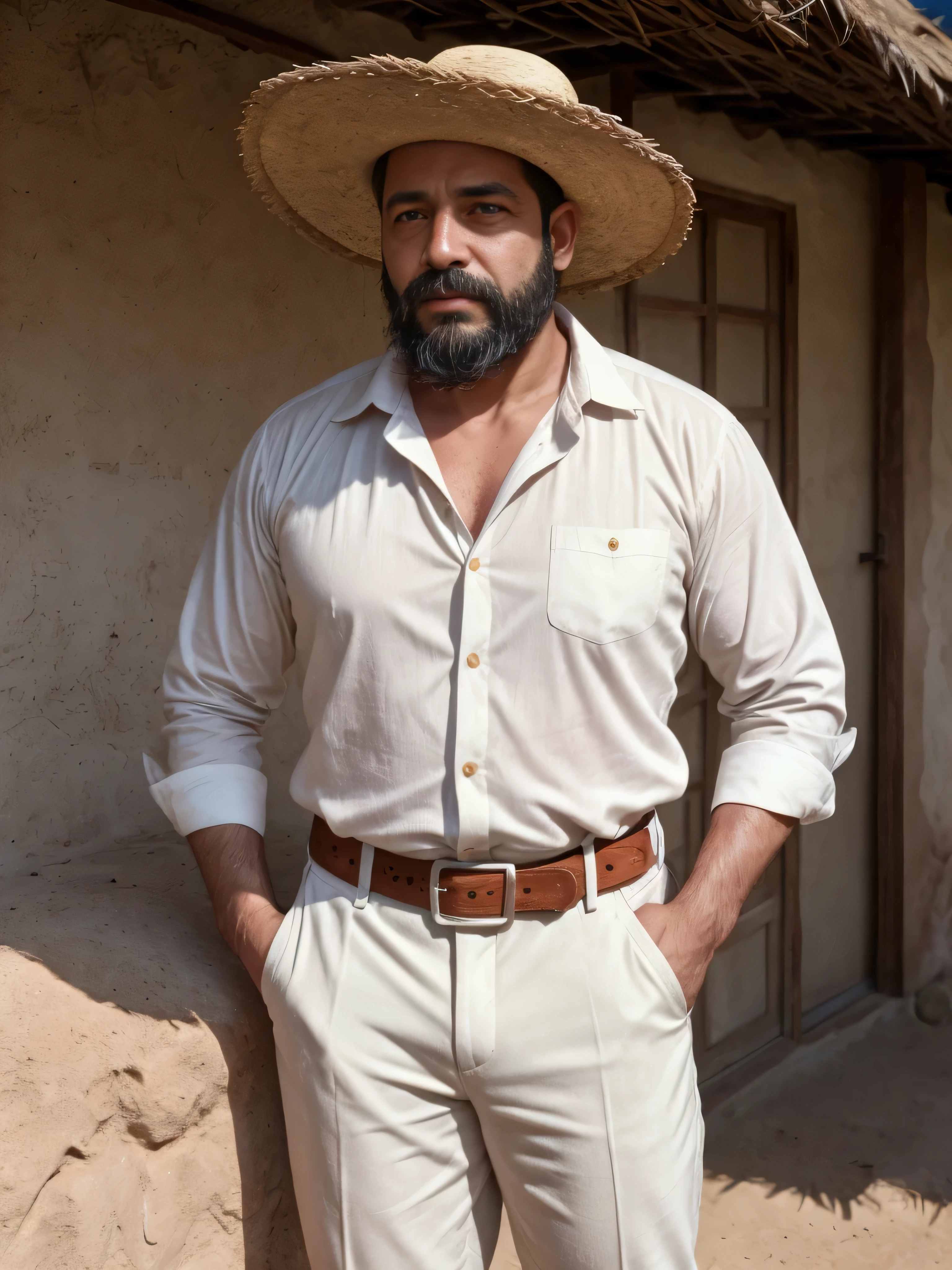 a 38-year-old man with brown skin and a beard, wearing a white manta shirt without buttons, dirty white manta pants, strap huaraches, sombrero, no belt, medium shot, upper body, rural area in 1910 Mexico, stone houses, jacales with thatched roofs, extremely detailed, photorealistic, 8k, high quality, cinematic lighting, warm color tone