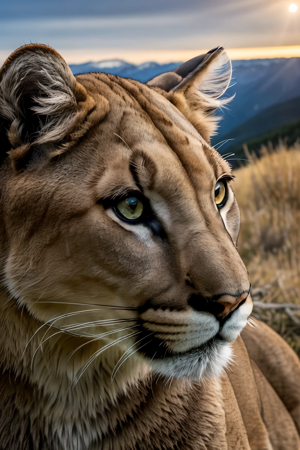 A luminescent crystal glass, nestled atop a rugged bluff, serves as a pedestal for a majestic mountain lion. The glass, glowing with an ethereal, otherworldly light, catches the last rays of the setting sun, casting a warm, captivating glow onto the lion's sleek, tawny fur. The mountain lion stands tall and proud, its amber eyes fixed on the vast landscape before it, a silent sentinel of the wilderness. The scene is breathtaking in its beauty and raw, untamed power. This intricately detailed, high-quality image captures the essence of the mountain lion's regal presence and the serene