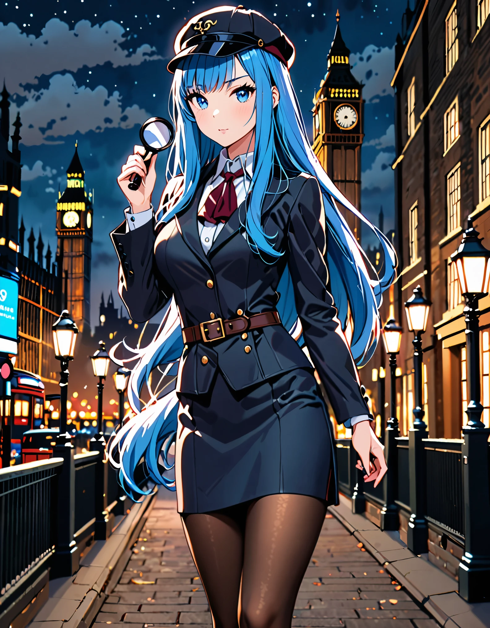 ((masterpiece)), ((high quality)), ((high res)), solo, solo focus,1girl, blue_hair, blue eyes, beautiful detailed eyes, long hair, bangs, boots, hat, knee_boots, pantyhose, pencil_skirt, skirt, solo, sherlock holmes cosplay, (holding magnifying glass), london backdrop, night