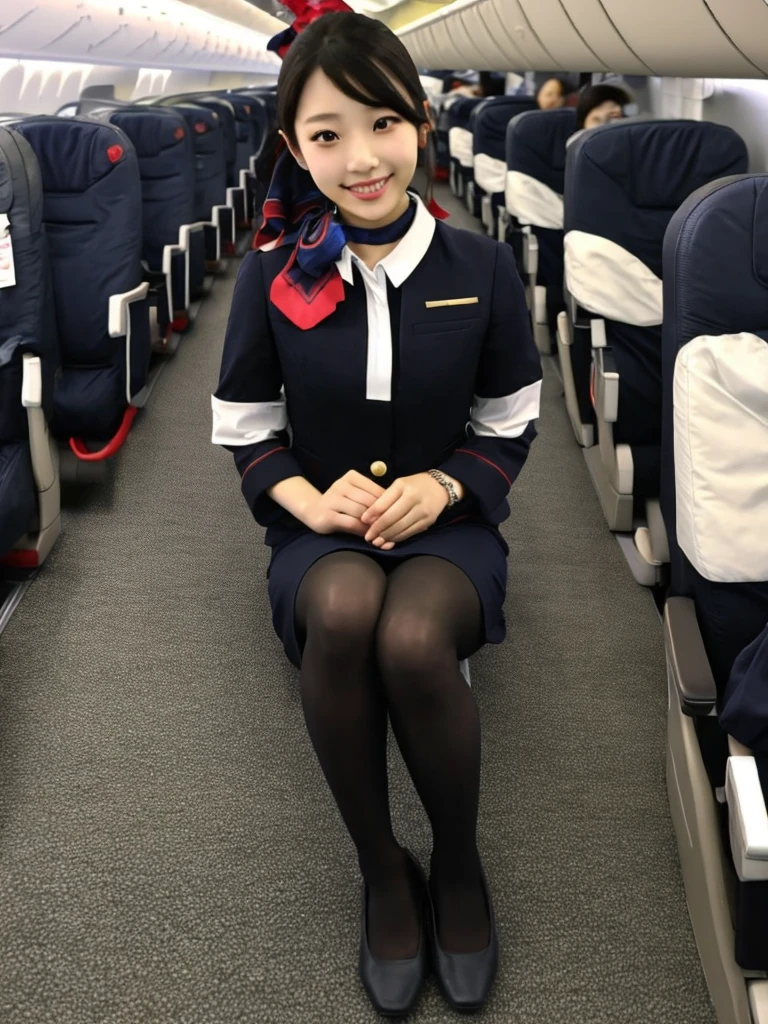 realistic pictureasterpiece、Highest image quality、cute japanese girl、beautiful japanese girl、1 girl、19 years old、Highly detailed face and skin texture、refinement、highly detailed face、beautiful girl、long hair、With bangs、cute girl、fascinating beauty、Beautiful appearance、pretty beauty, jal uniform, airplane interior, black pantyhose, white lace panty, panties under pantyhose,full body, kneeling,
