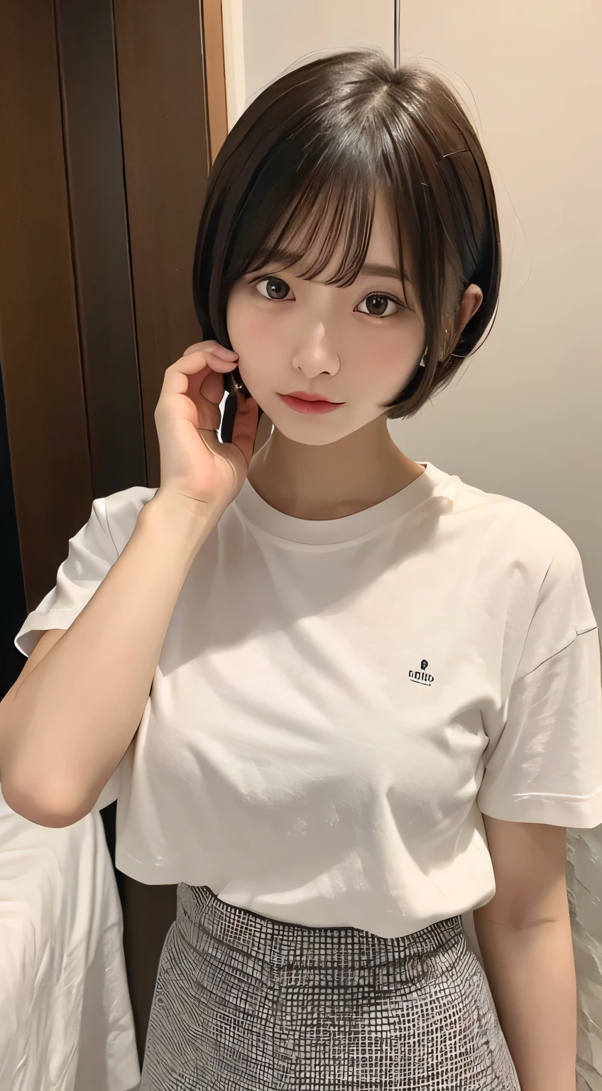 White tight shirt、mini skirt、I can see your pants、bed、Embarrassed face、Short sleeve、Short hair with bangs