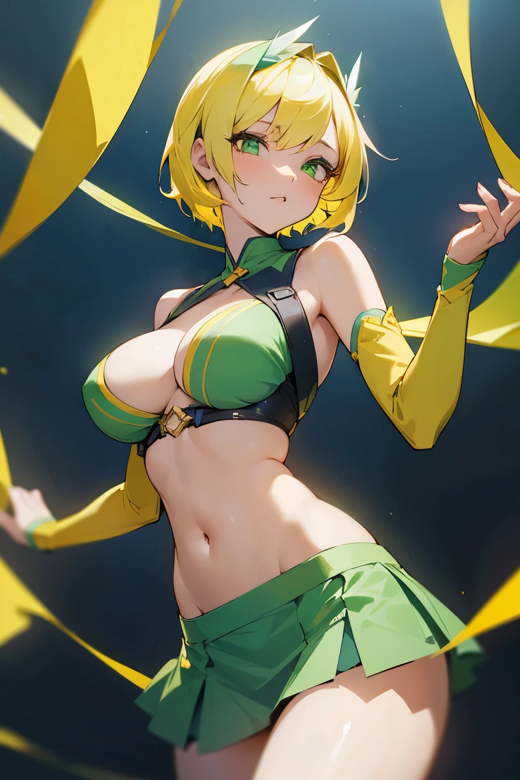 Girl, short yellow hair, green eyes, blue ring on her head, big breasts, exposed stomach, short skirt, beautiful decorations