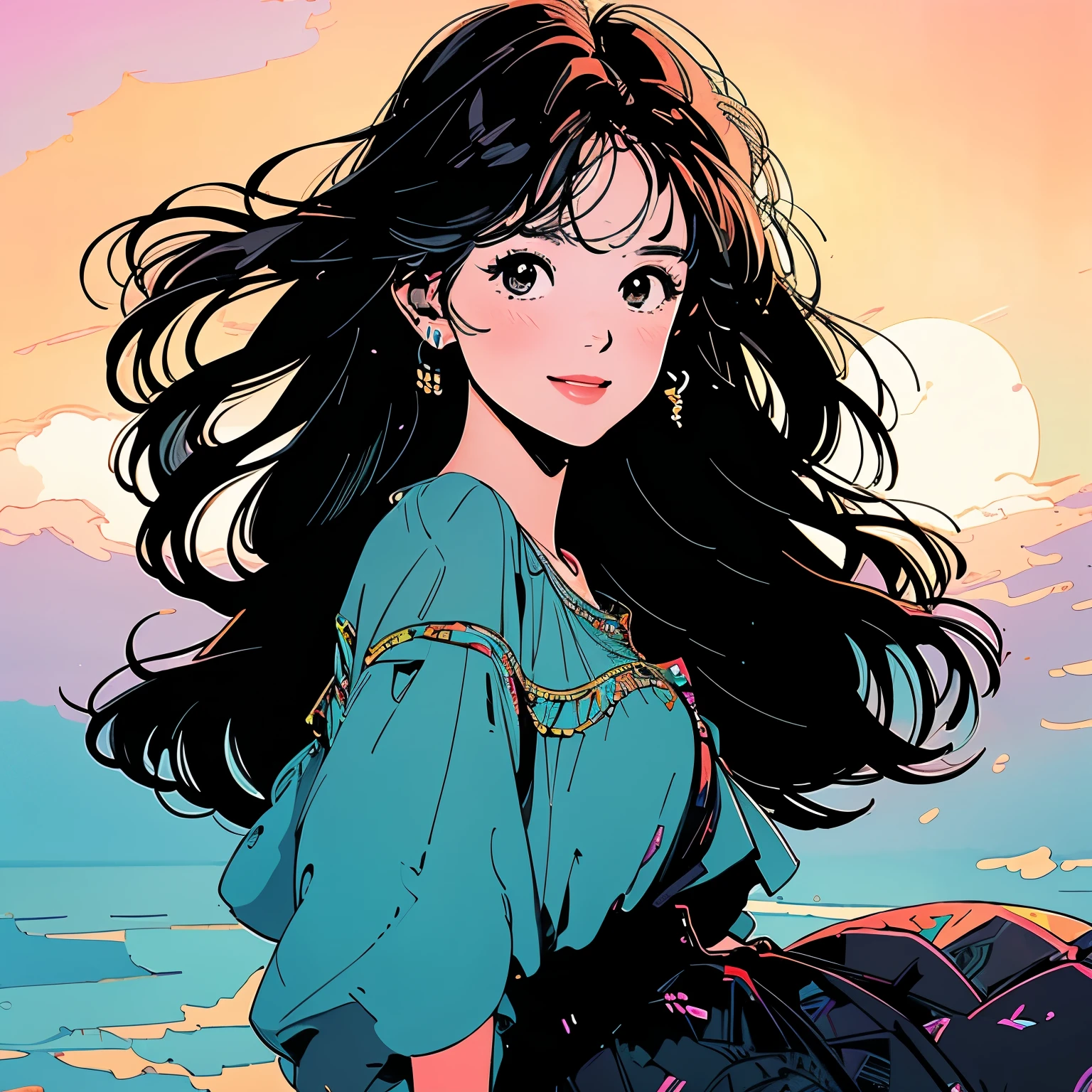 whole body、Kind Face、1 pretty woman、4k、Pattern、blouse、skirt、Sunset、cloud、coastal、rainbow、Complex background、Detailed Hair、smile、Faint lighting、Black Hair、There is movement
