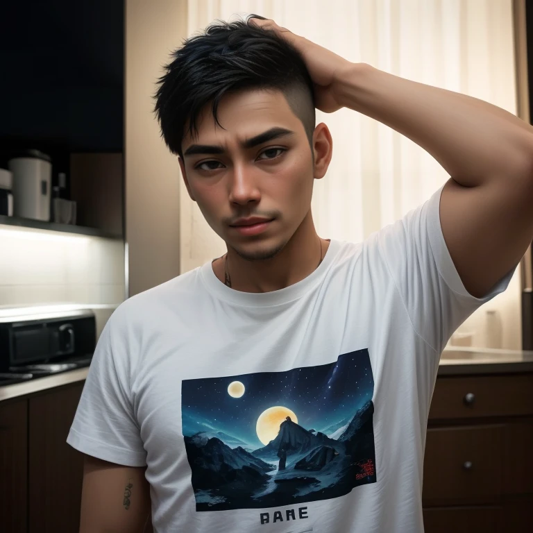 Aarav was standing in the kitchen with his hands on his head., inspired By Adam Dario Kiel, Rick Dai, Portrait in the middle of a shot, Asian man, By Adam Dario Kiel, The moon is behind him., Damian Tran, Inspired by Jorge Jacinto, Handsome Chad Chin, Inspired by Robbie Trevino, Ramil Sunga, John Jude Palencar, cute young man
