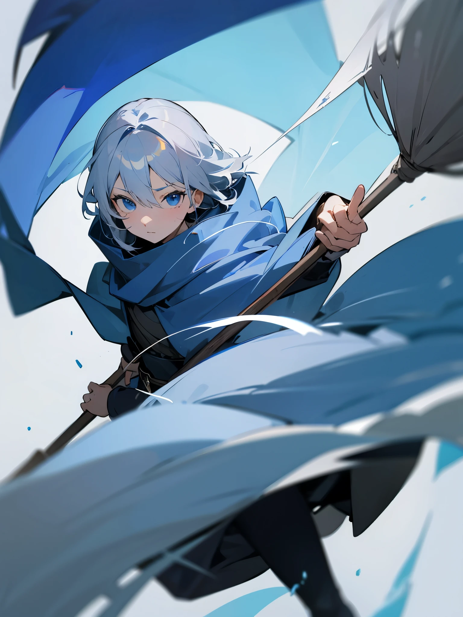 Blue Cape、Gray Hair、blue eyes、Wizard、broom、cool、(Wizardの帽子)、iceberg、