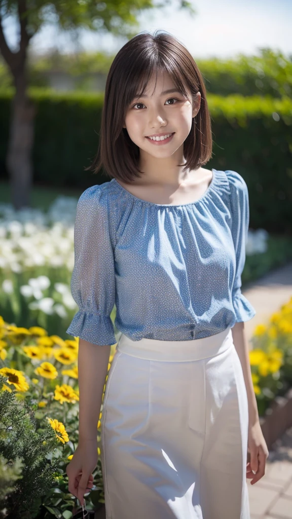 (8k, highest quality, masterpiece: 1.2), Super detailed, highest quality, Ultra-high resolution, Professional Lighting, Photon Mapping, Radio City, Physically Based Rendering, Cinema Lighting, Depth of written boundary, focus on, Light of the sun, Good composition, (Bokeh: 1.2), 1 girl, (whole body), smile, Beautiful Eyes, Pause, narrow, Brown Hair, short hair, Prairie Blouse Light Blue, skirt,garden,hand {refer tos} cute {refer to} hand,