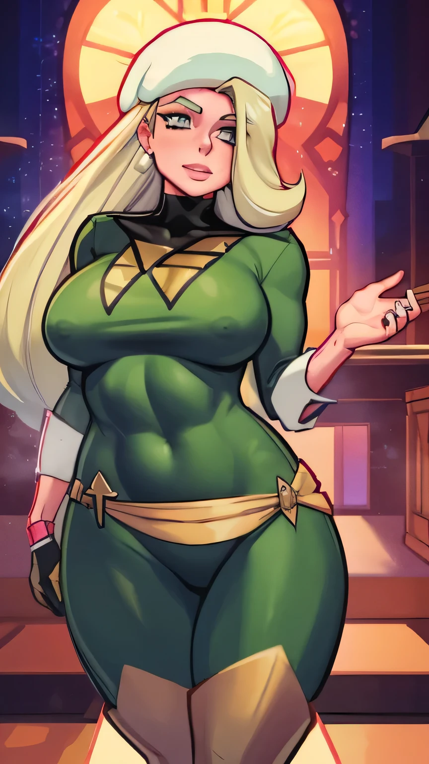 A Soviet military girl, tall, sexy, good, friendly, happy, big chest, long blonde hair, smooth, soft, blue eye, pink lip, she wears a metallic green top, a black patch on her chest, a yellow ribbon on her waist, and her pants, a big metallic green thigh, a sensual big yellow boot, wearing a black Soviet winter cap, she kisses. her boyfriend