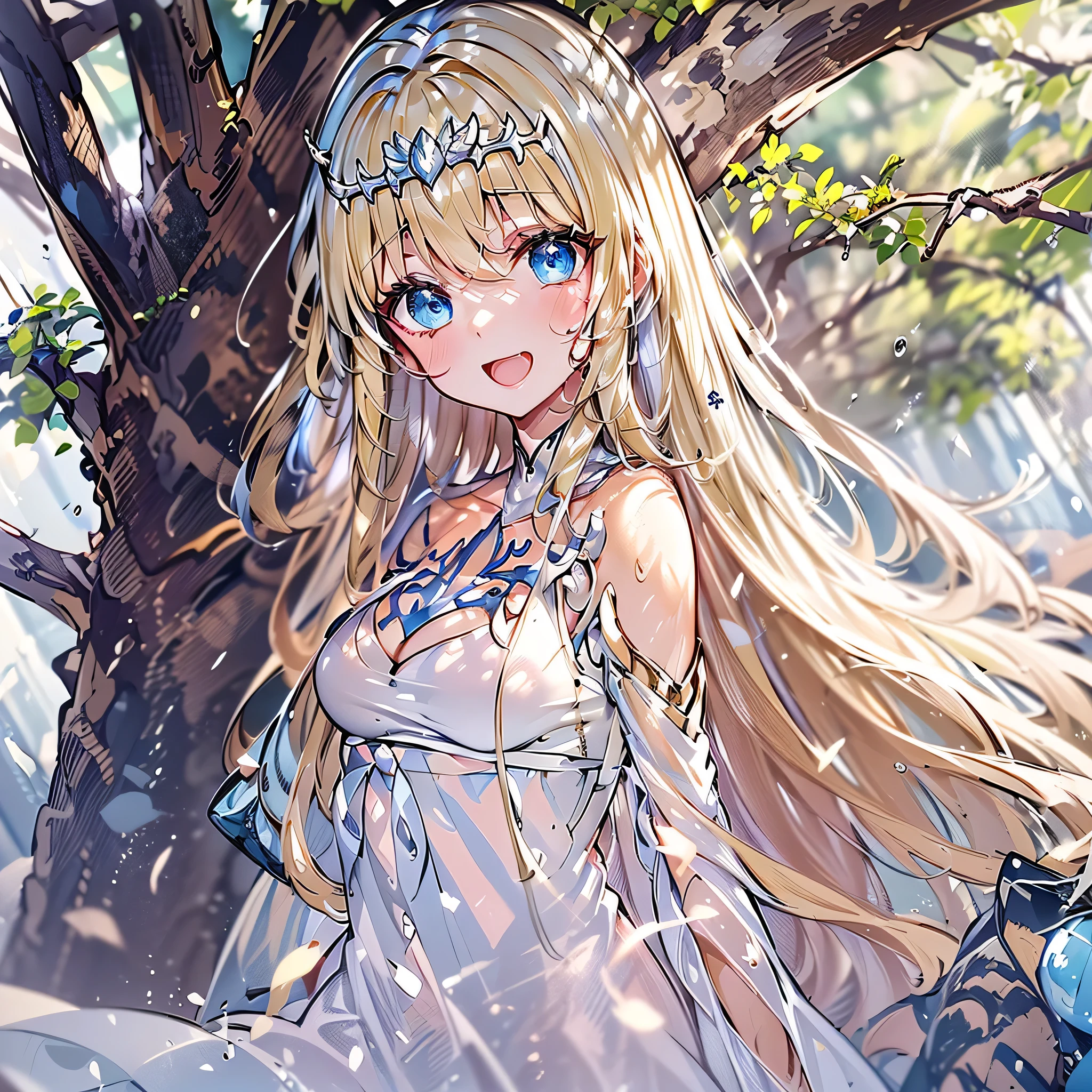 (((masterpiece)))、(((top-quality)))、((ultra-detailliert))、(illustratio)、((extremely delicate and beautiful))、、Bright smile、(Detailed light) (1girl in)、、solo、The long-haired、The wind is blowing、A WORLD、、jungles、Intense rainfall、solid color、Liana everywhere、Huge wet tree, 1girl, solo, (Calca:1.2), Calca Bessarez, blonde hair, (extremely long hair:1.3), very long hair, (white tiara:1.4), white dress, blue eyes, medium chest, long straight hair, close up