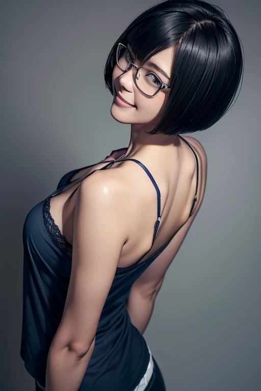 (masterpiece), (8k, best quality, high resolution), (ultra-detailed, realistic), (anatomically correct),
((from above)), ((looking up)),
((face close-up)), (Standing), (((looking back))), (No background),
(1woman), ((looking at viewer)), (show your back),
(A Japanese woman, 30 years old and 155cm tall.),
((Wear a navy blue tunic camisole)), ((A camisole without decoration.)),
(black hair), (straight hair), (short hair style), ((bob cut)),
(wear glasses), (black square cell glasses),
((smile broadly)),
(Her impression is pure, clean and kind.),