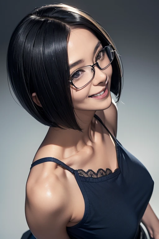 (masterpiece), (8k, best quality, high resolution), (ultra-detailed, realistic), (anatomically correct),
((from above)), ((looking up)),
((face close-up)), (Standing), (((looking back))), (No background),
(1woman), ((looking at viewer)), (show your back),
(A Japanese woman, 30 years old and 155cm tall.),
((Wear a navy blue tunic camisole)), ((A camisole without decoration.)),
(black hair), (straight hair), (short hair style), ((bob cut)),
(wear glasses), (black square cell glasses),
((smile broadly)),
(Her impression is pure, clean and kind.),