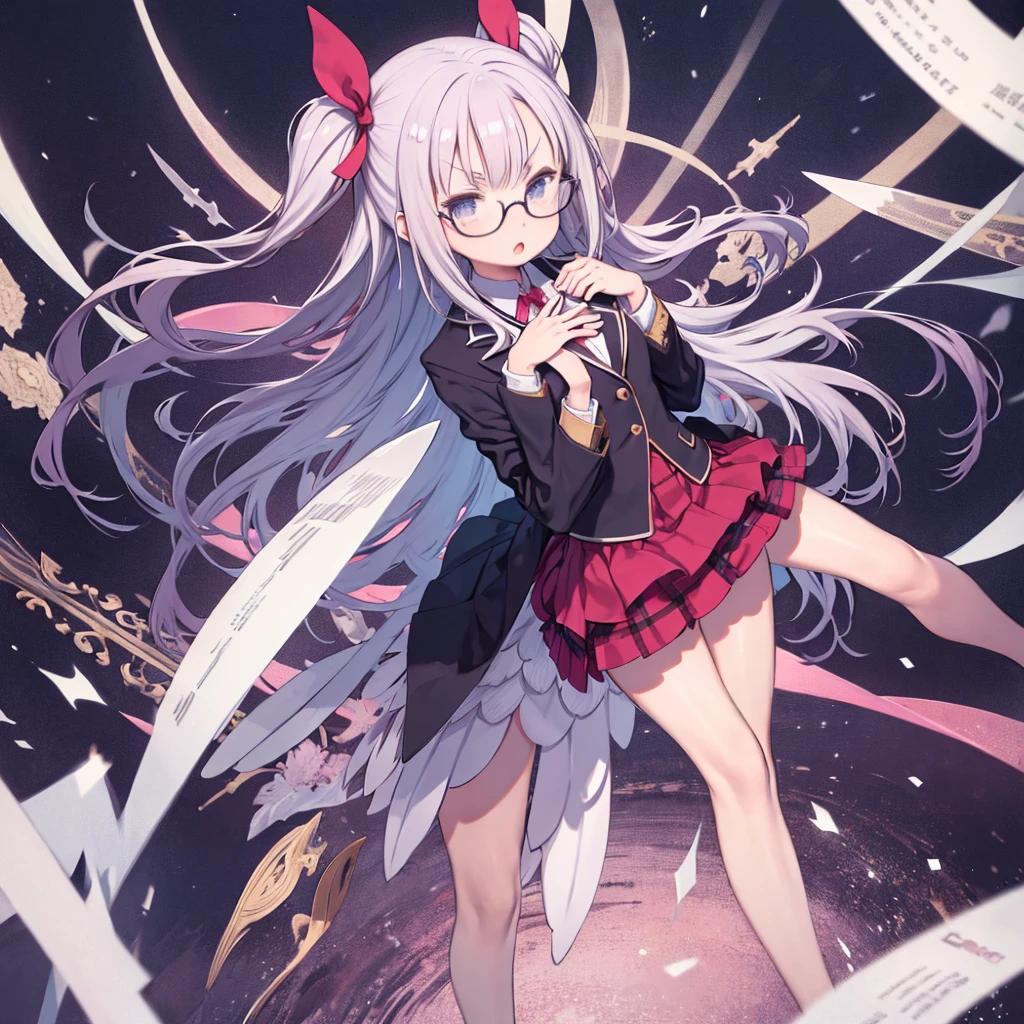 masterpiece、highest quality、High resolution、Very detailed、Girl、、blazer、skirt、Glasses、Transforming Hero、pose、V-shaped eyebrows、Open your mouth、Transformation pose、Spread one hand to the side、Place one hand in front of your chest、Stand with your feet apart、Colorful ribbons fluttering background、