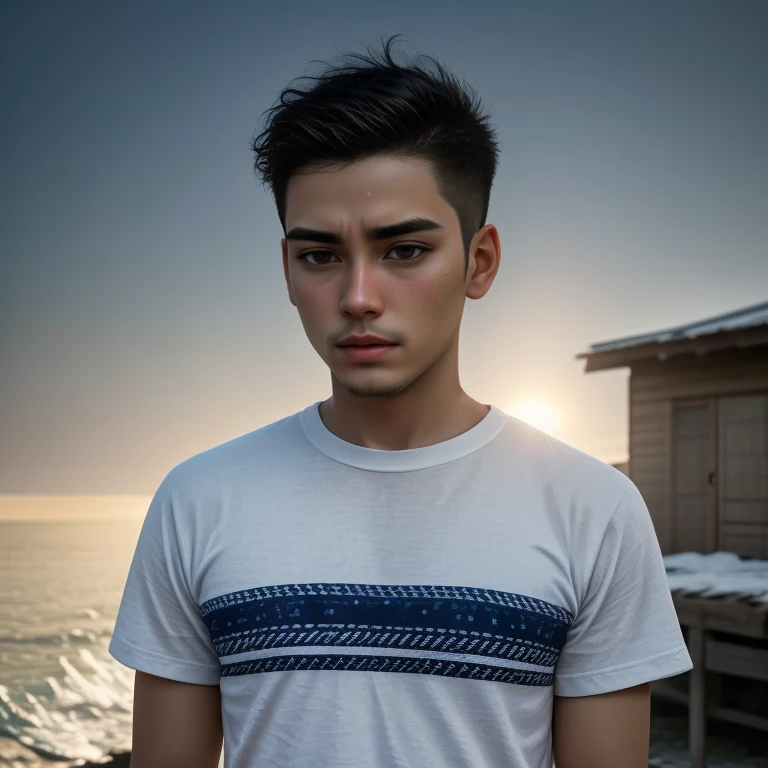 Aarav stood in front of his house near the sea., Portrait in the middle of a shot, Daniel Dosiu, Young Greek Man, Rafael Pernaz, Rick Dai, Looking out at the sunset, David Marquez, Alex Miranda, with the sunset, good looking face, Portrait of a strong young man, Jakub Rebelka, Standing outside a wooden hut