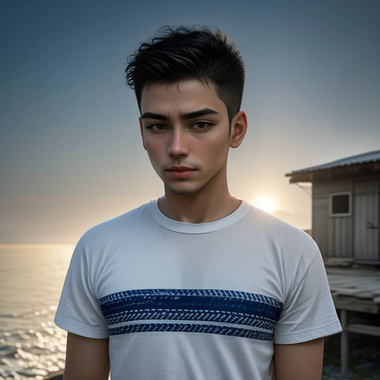 Aarav stood in front of his house near the sea., Portrait in the middle of a shot, Daniel Dosiu, Young Greek Man, Rafael Pernaz, Rick Dai, Looking out at the sunset, David Marquez, Alex Miranda, with the sunset, good looking face, Portrait of a strong young man, Jakub Rebelka, Standing outside a wooden hut
