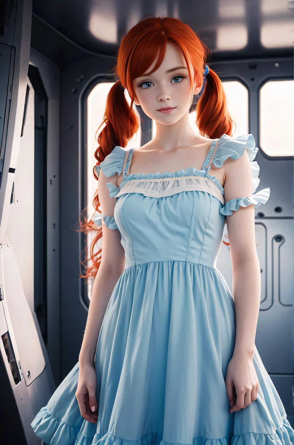 cute redhead 18-year-old woman, happy, in twin tails, perfect blue eyes, perfect dainty hands, pale goth skin, wearing a pastel blue nightgown, frilly nightgown, standing on a space ship.